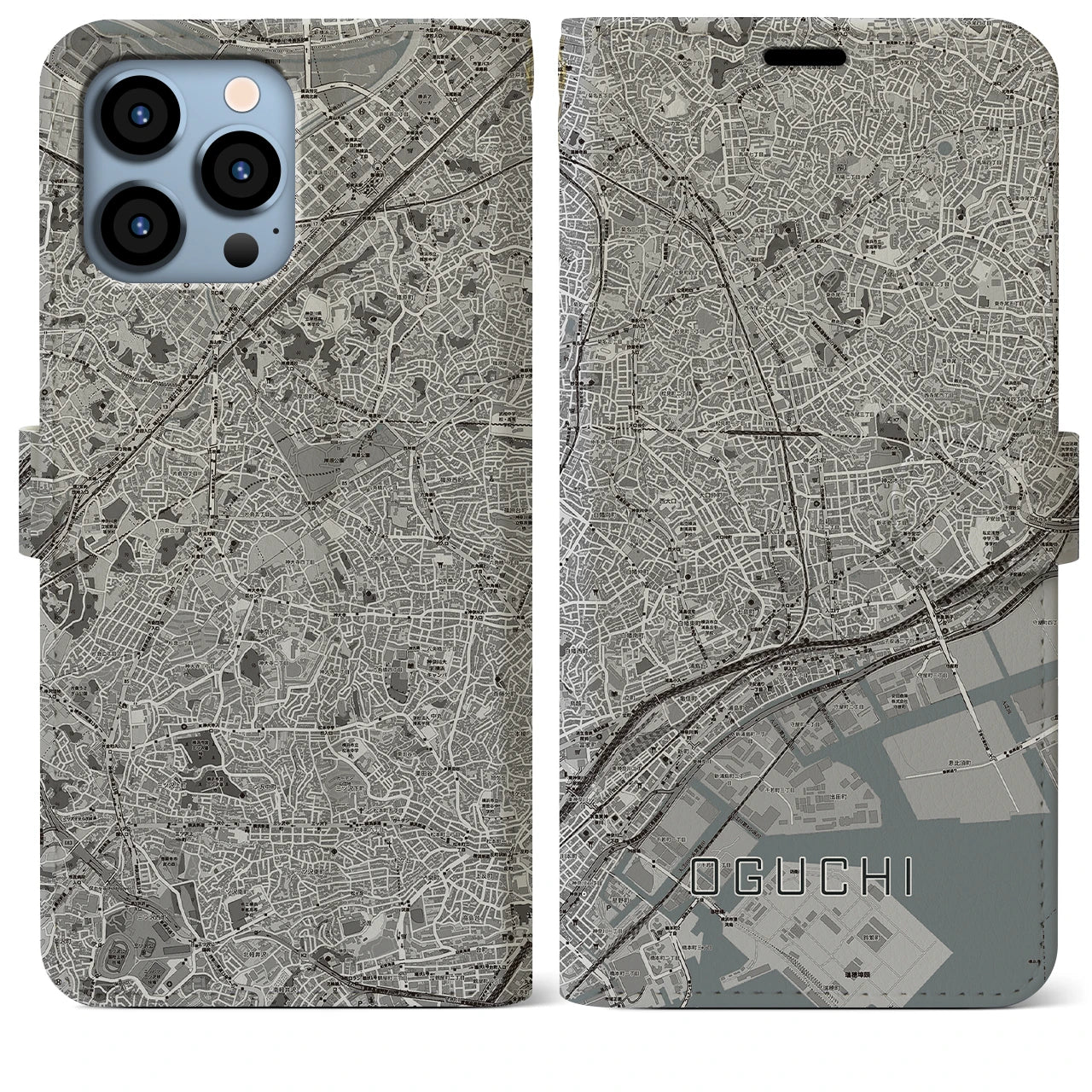 【大口(神奈川県)】地図柄iPhoneケース(手帳タイプ)モノトーン・iPhone 13 Pro Max 用