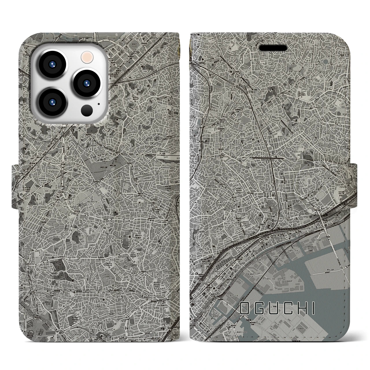 【大口(神奈川県)】地図柄iPhoneケース(手帳タイプ)モノトーン・iPhone 13 Pro 用