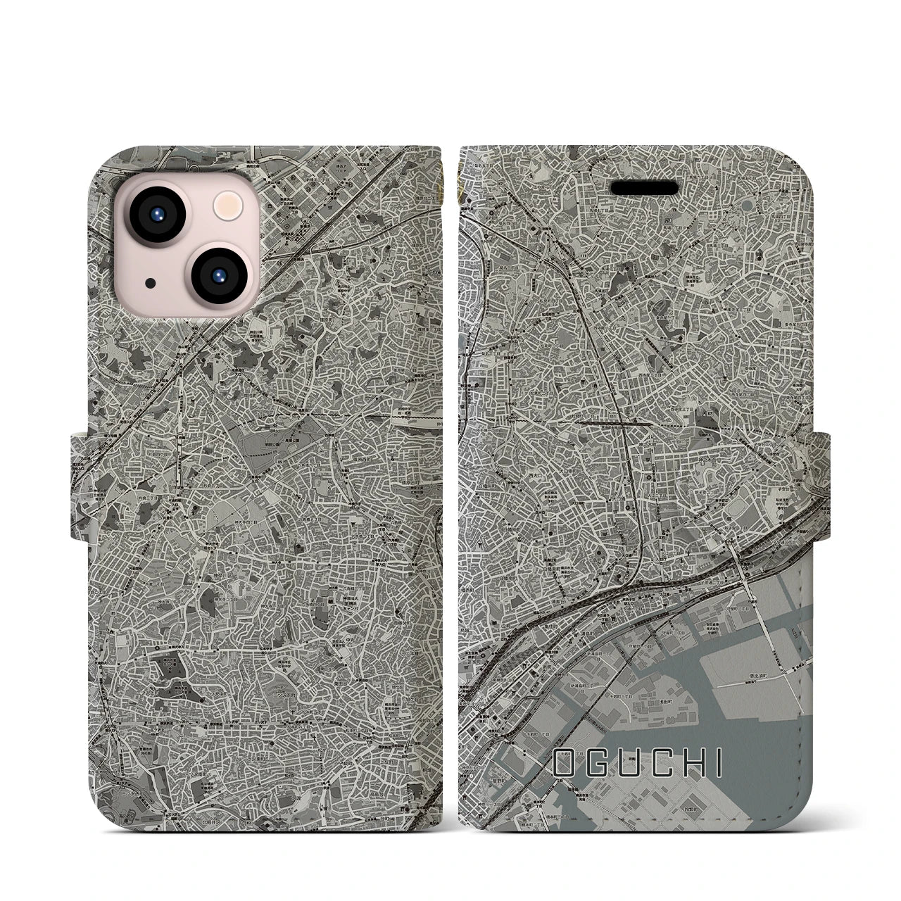 【大口(神奈川県)】地図柄iPhoneケース(手帳タイプ)モノトーン・iPhone 13 mini 用