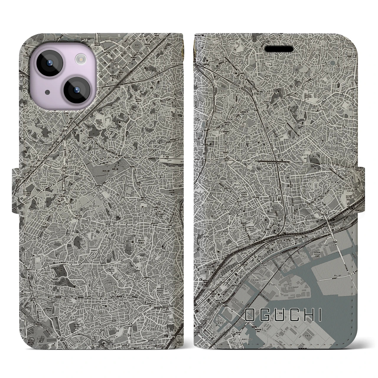 【大口(神奈川県)】地図柄iPhoneケース(手帳タイプ)モノトーン・iPhone 14 用