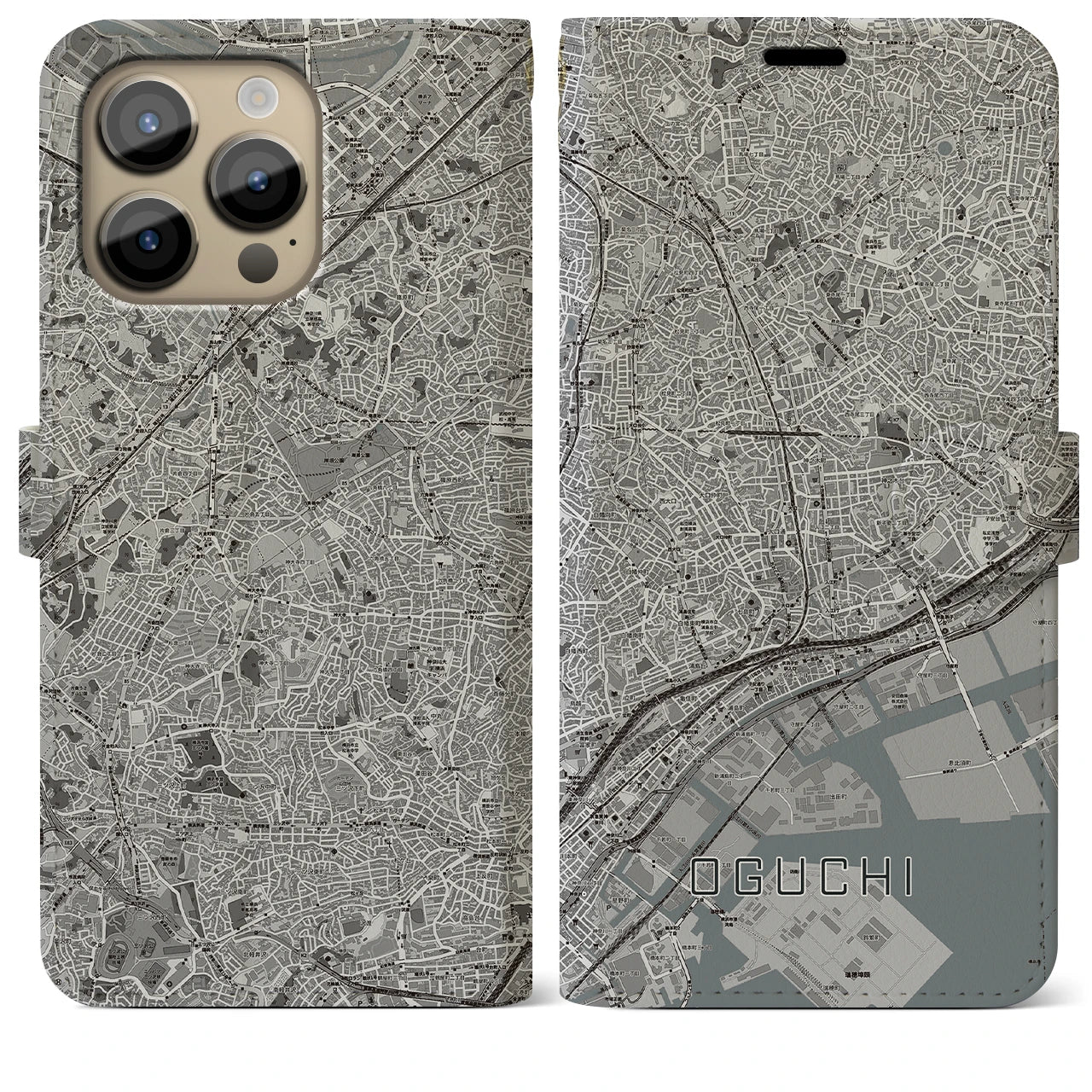 【大口(神奈川県)】地図柄iPhoneケース(手帳タイプ)モノトーン・iPhone 14 Pro Max 用