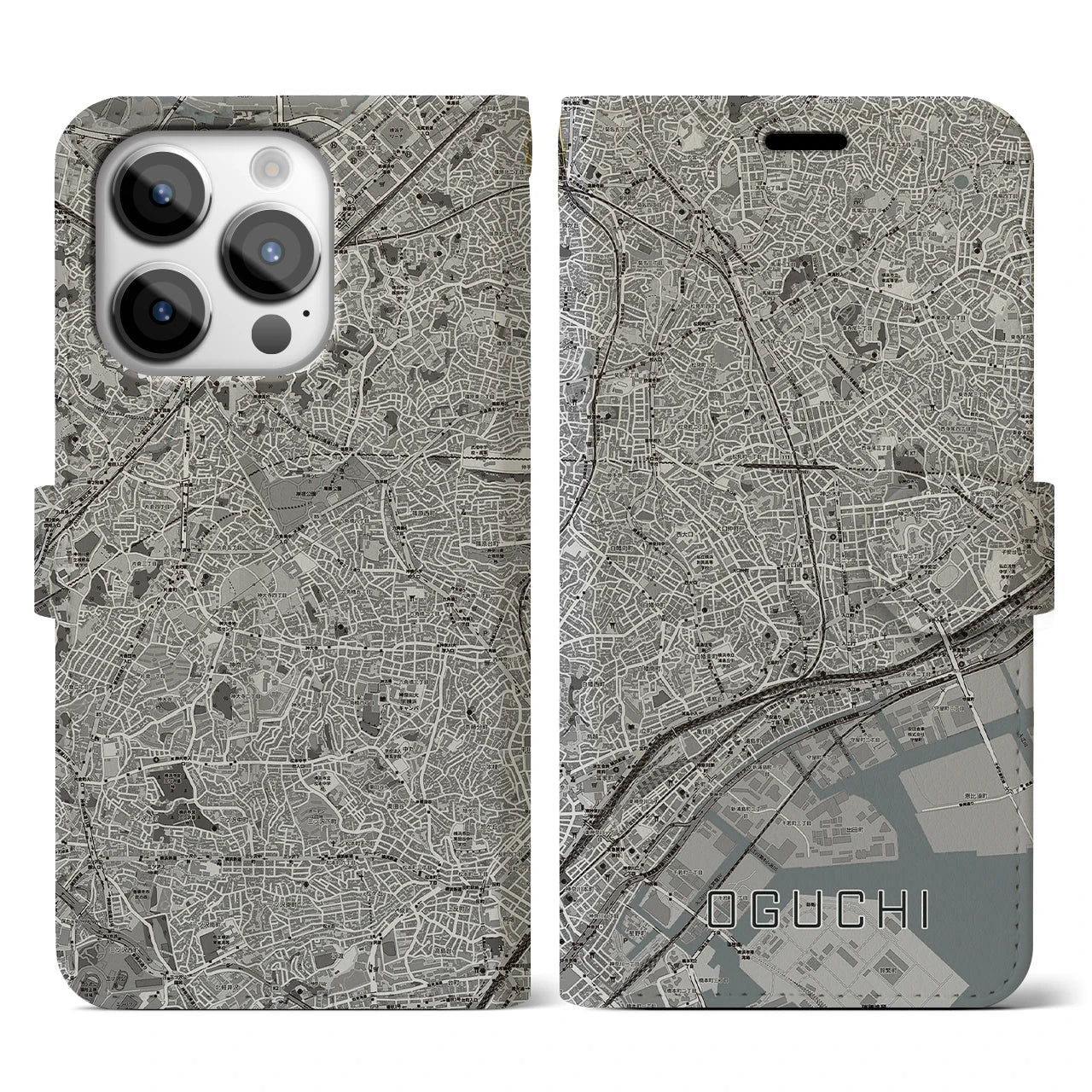 【大口(神奈川県)】地図柄iPhoneケース(手帳タイプ)モノトーン・iPhone 14 Pro 用