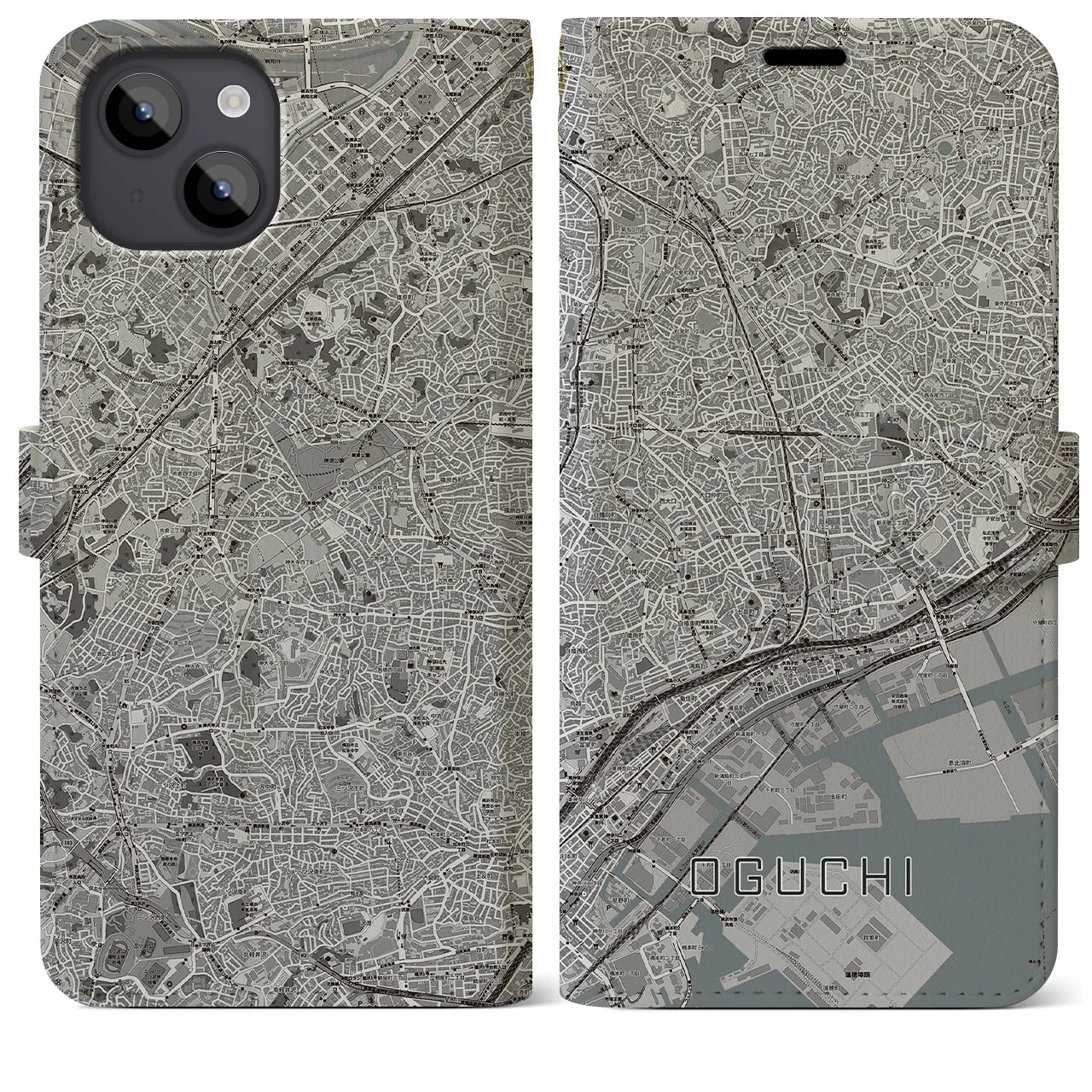 【大口(神奈川県)】地図柄iPhoneケース(手帳タイプ)モノトーン・iPhone 14 Plus 用