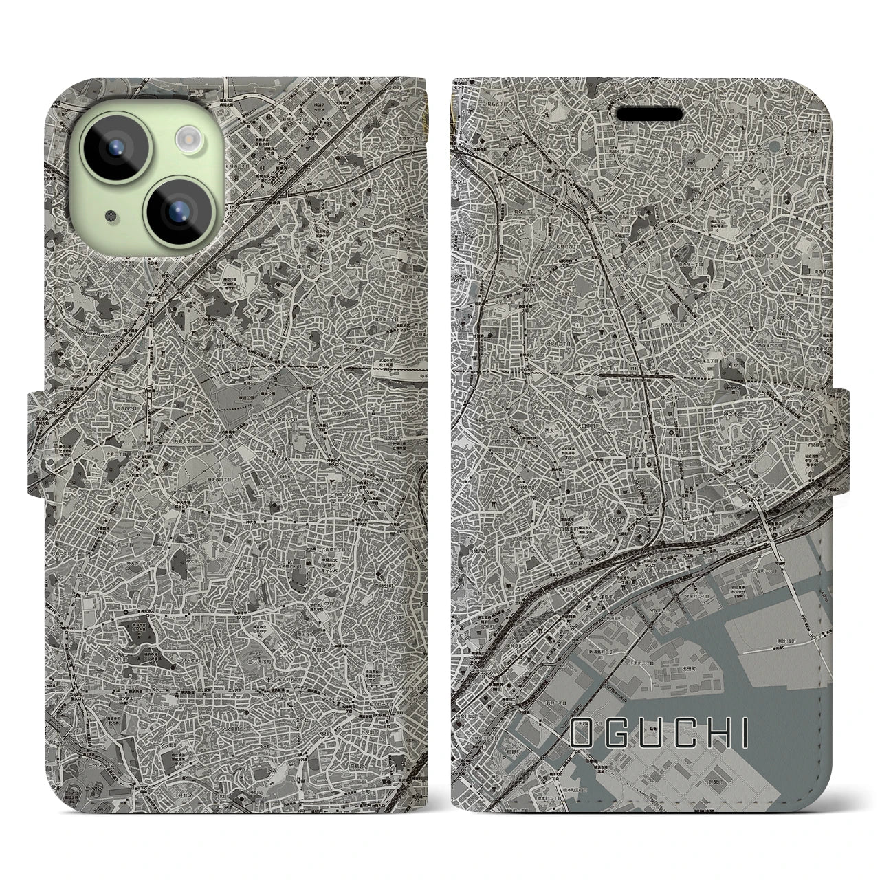 【大口(神奈川県)】地図柄iPhoneケース(手帳タイプ)モノトーン・iPhone 15 用