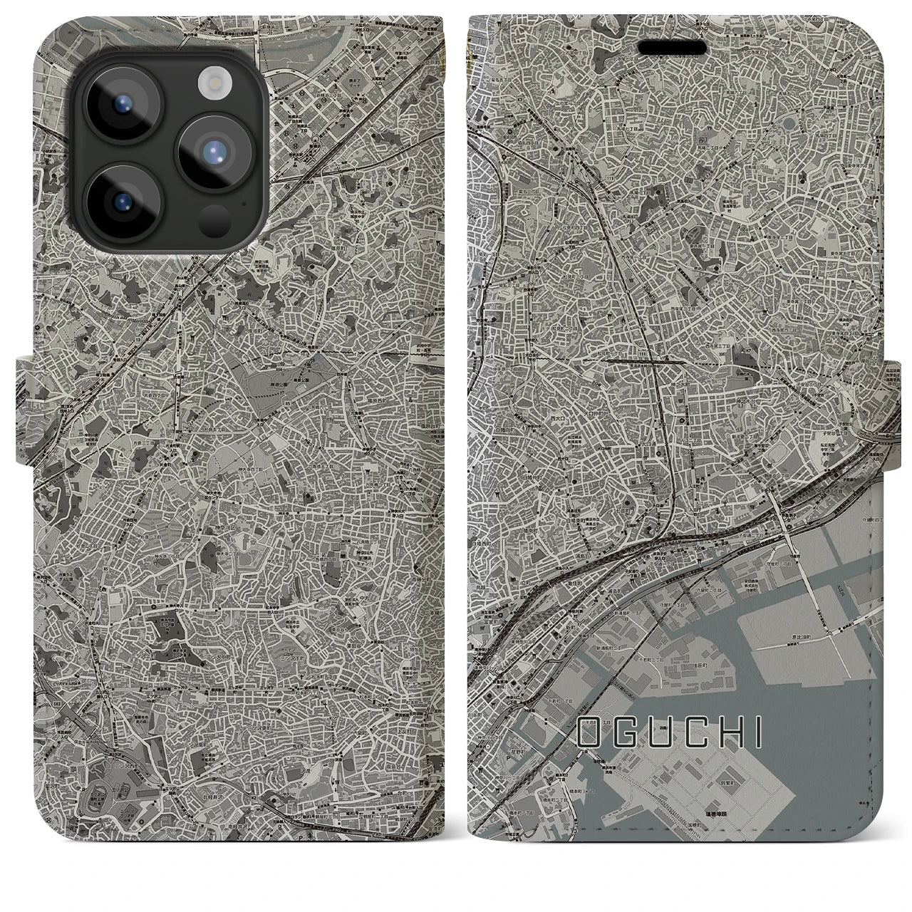 【大口(神奈川県)】地図柄iPhoneケース(手帳タイプ)モノトーン・iPhone 15 Pro Max 用