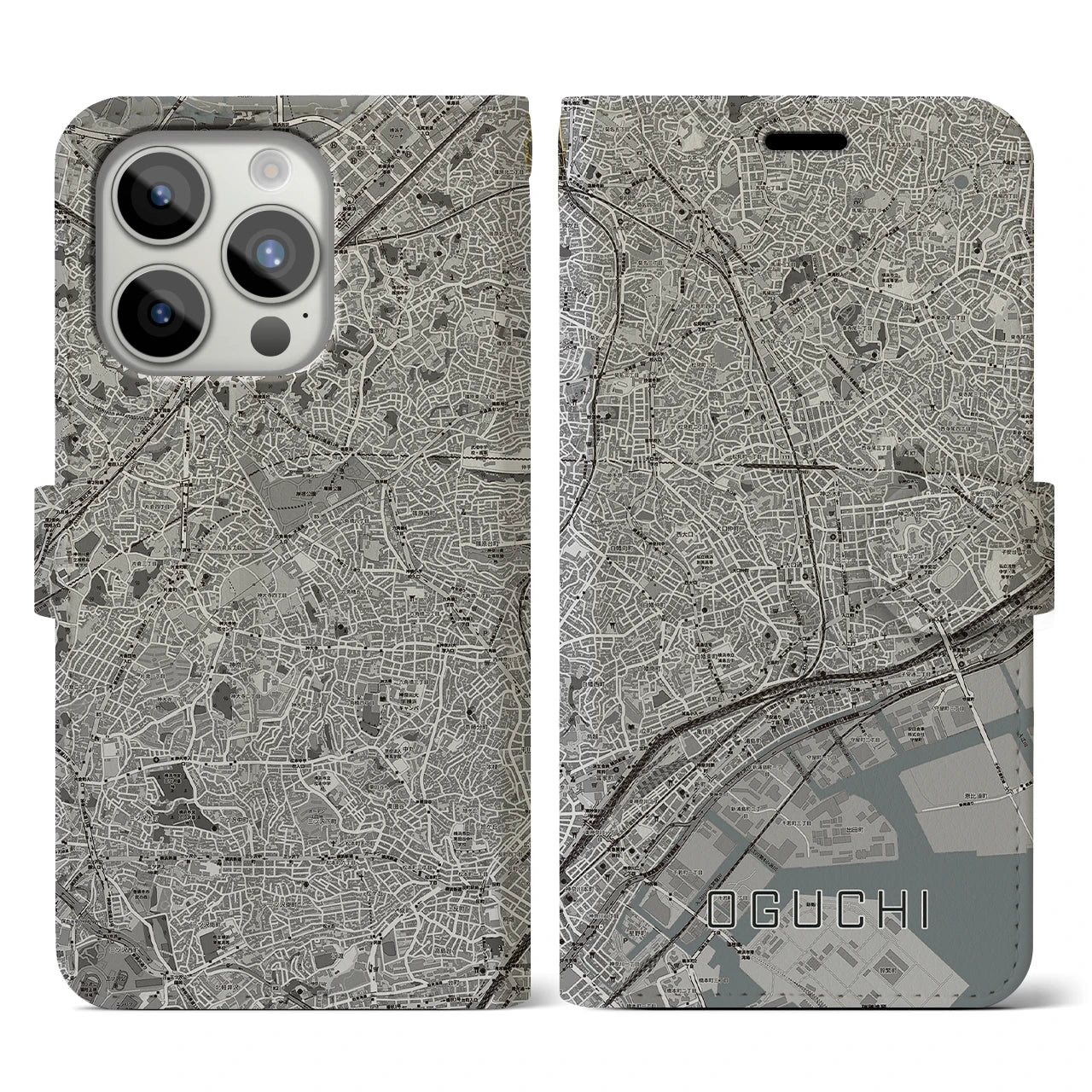 【大口(神奈川県)】地図柄iPhoneケース(手帳タイプ)モノトーン・iPhone 15 Pro 用