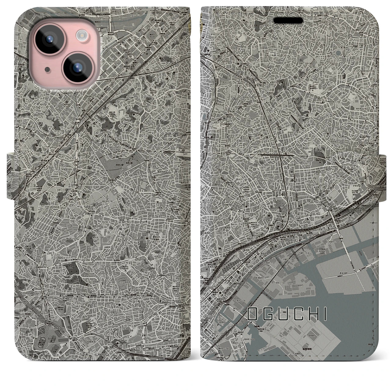 【大口(神奈川県)】地図柄iPhoneケース(手帳タイプ)モノトーン・iPhone 15 Plus 用