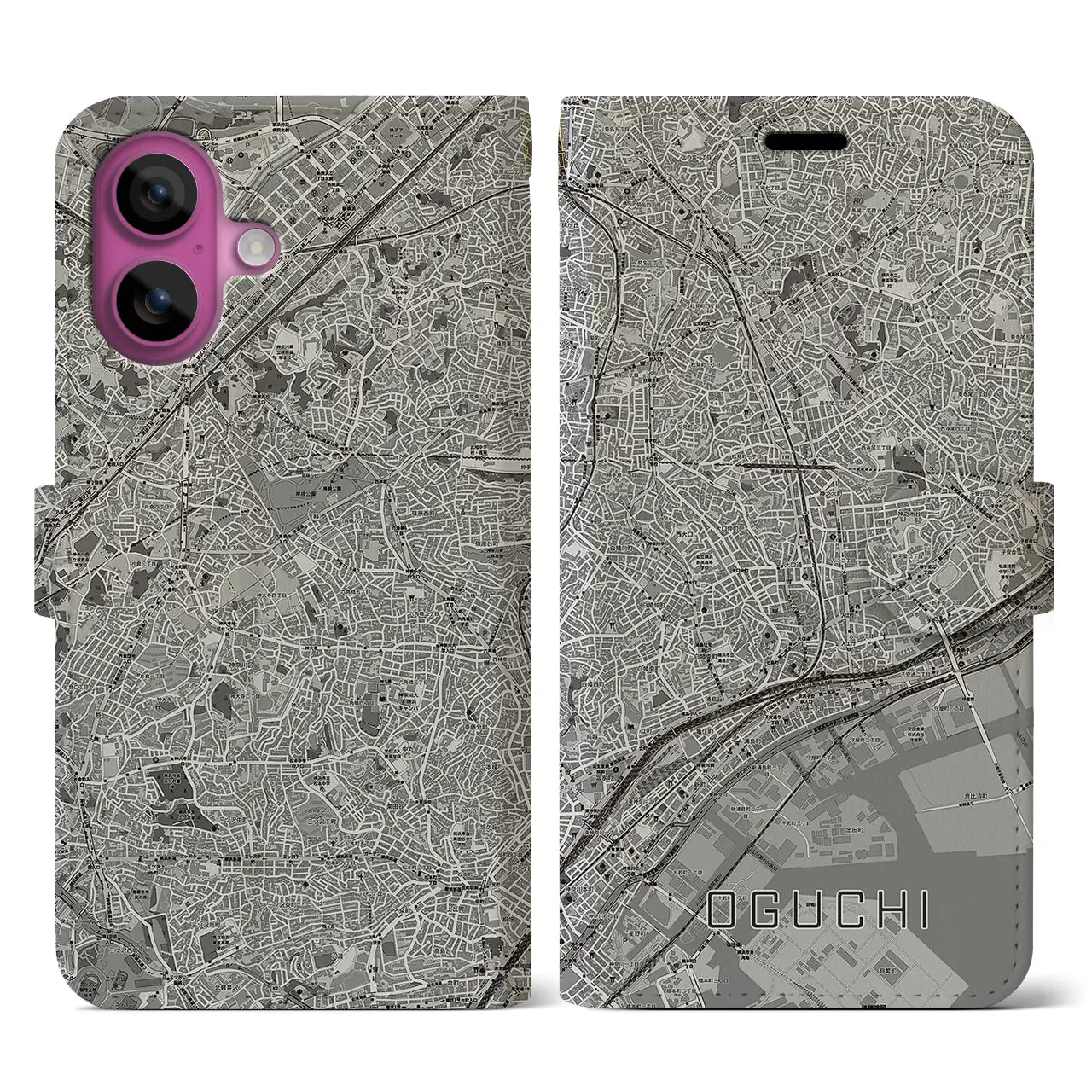 【大口(神奈川県)】地図柄iPhoneケース(手帳タイプ)モノトーン・iPhone 16 Pro 用
