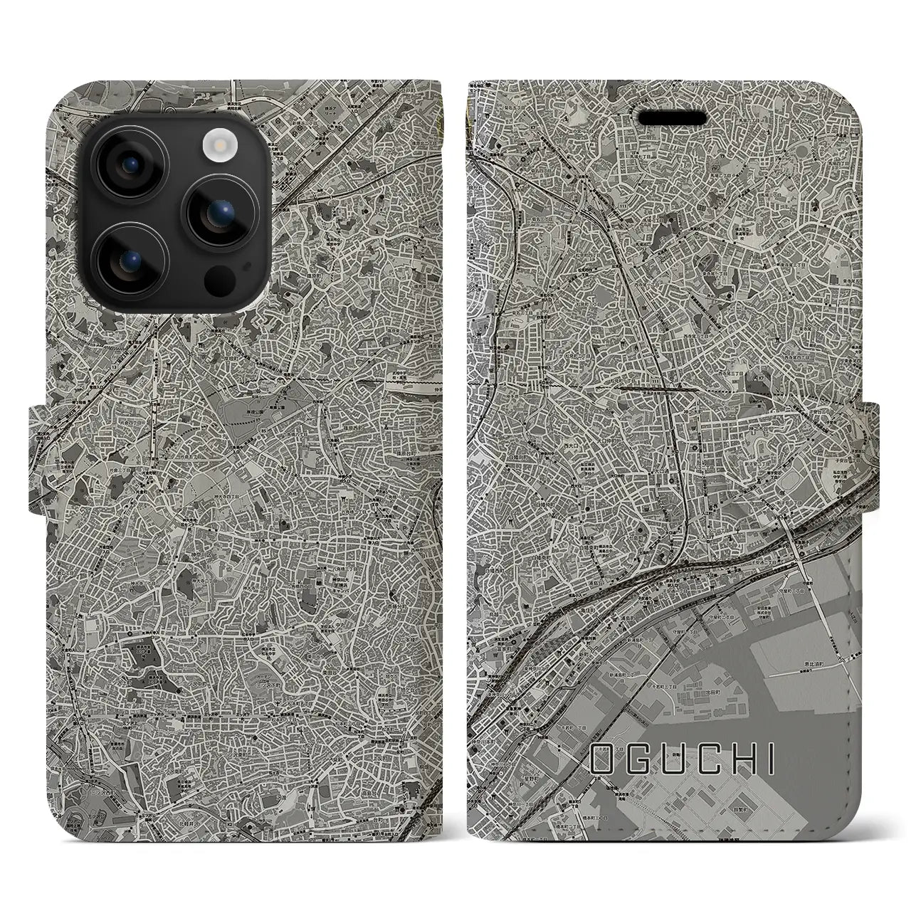 【大口(神奈川県)】地図柄iPhoneケース(手帳タイプ)モノトーン・iPhone 16 用