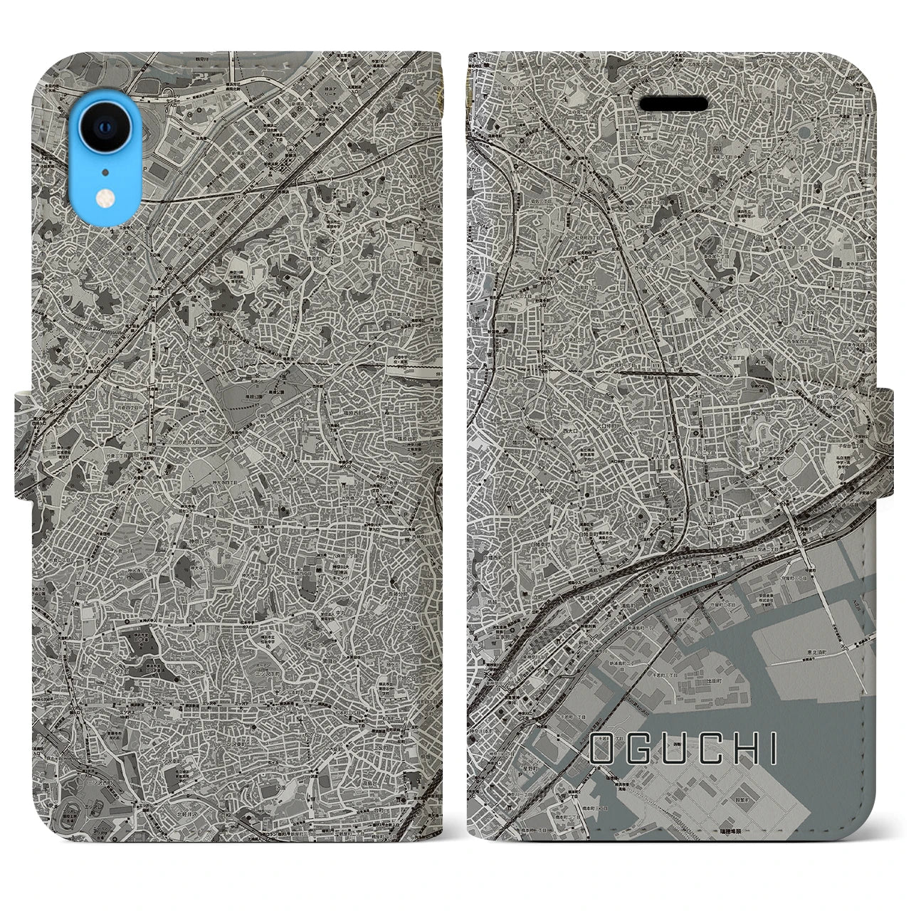 【大口(神奈川県)】地図柄iPhoneケース(手帳タイプ)モノトーン・iPhone XR 用