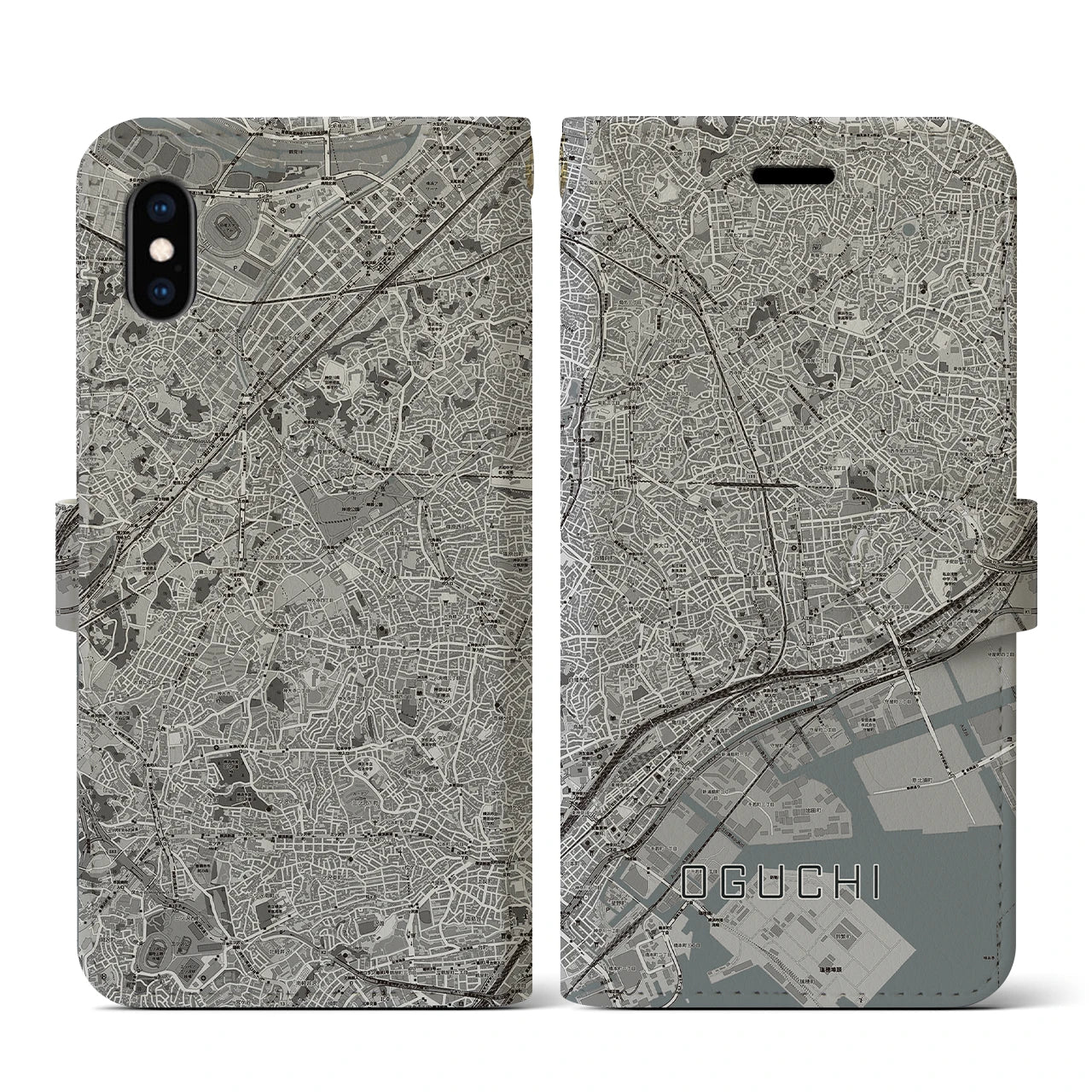 【大口(神奈川県)】地図柄iPhoneケース(手帳タイプ)モノトーン・iPhone XS / X 用