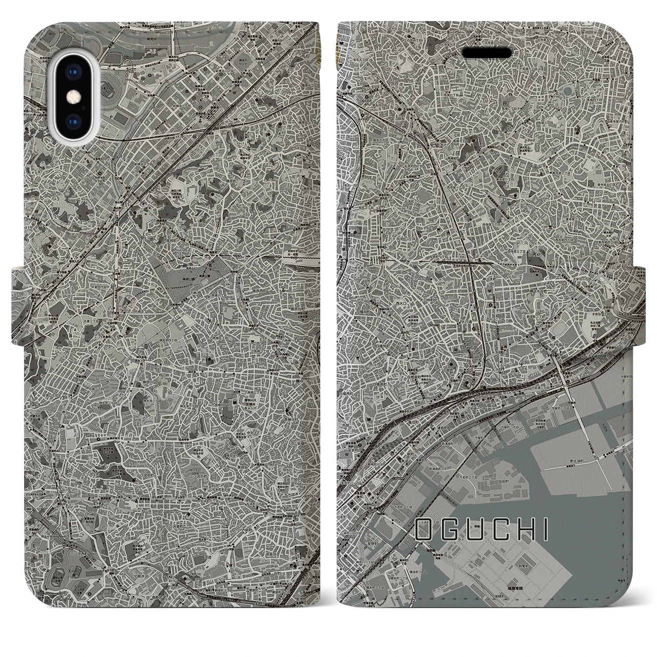 【大口(神奈川県)】地図柄iPhoneケース(手帳タイプ)モノトーン・iPhone XS Max 用