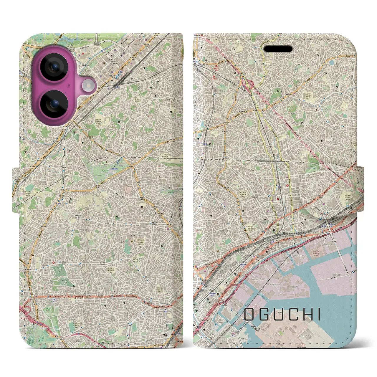 【大口(神奈川県)】地図柄iPhoneケース(手帳タイプ)ナチュラル・iPhone 16 Pro 用