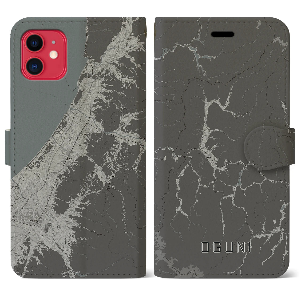 【小国(山形県)】地図柄iPhoneケース(手帳タイプ)モノトーン・iPhone 11 用
