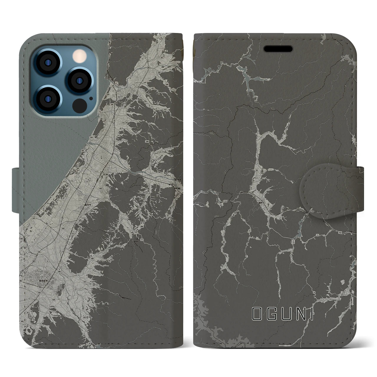 【小国(山形県)】地図柄iPhoneケース(手帳タイプ)モノトーン・iPhone 12 / 12 Pro 用