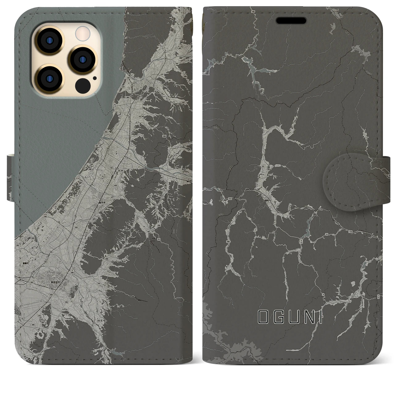 【小国(山形県)】地図柄iPhoneケース(手帳タイプ)モノトーン・iPhone 12 Pro Max 用
