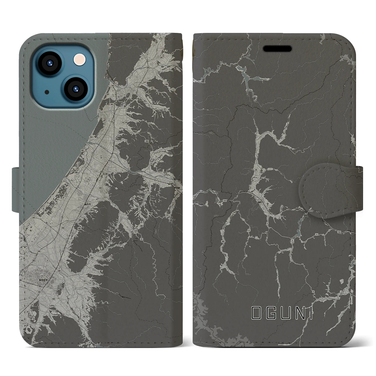 【小国(山形県)】地図柄iPhoneケース(手帳タイプ)モノトーン・iPhone 13 用