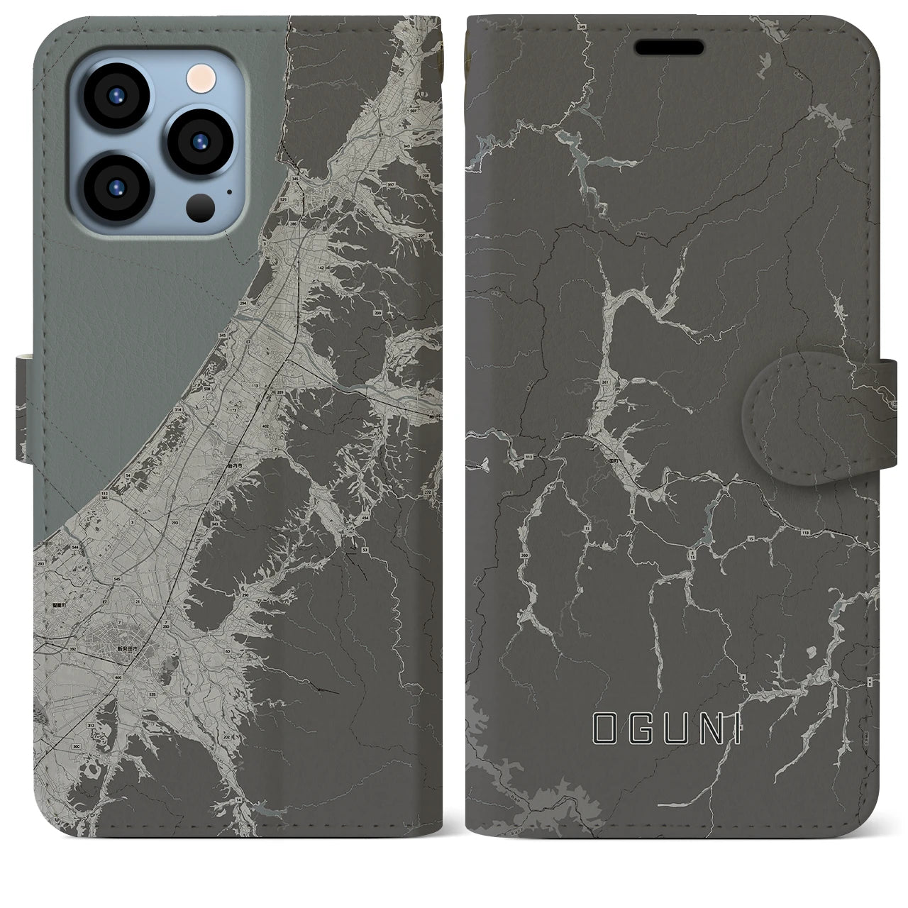【小国(山形県)】地図柄iPhoneケース(手帳タイプ)モノトーン・iPhone 13 Pro Max 用
