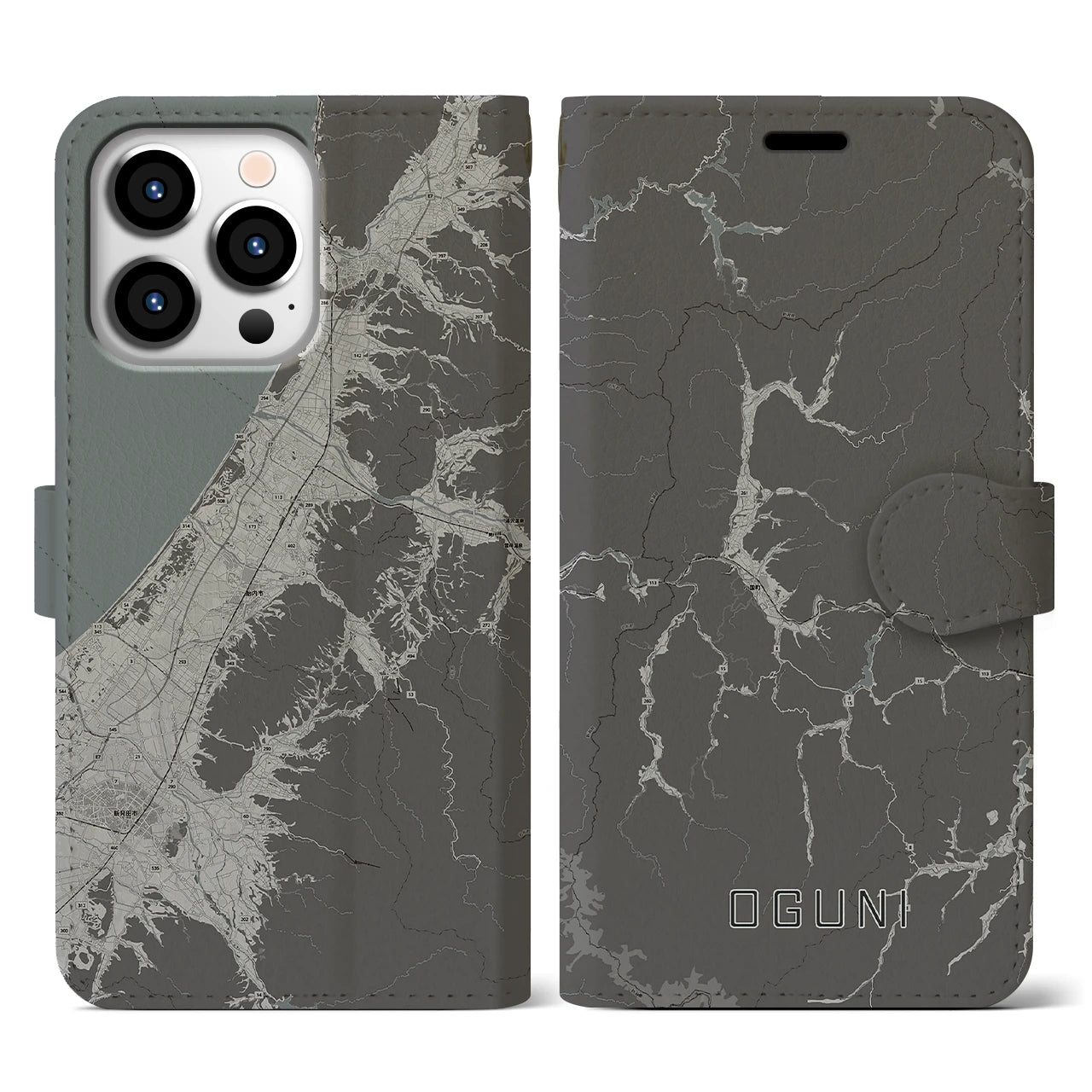 【小国(山形県)】地図柄iPhoneケース(手帳タイプ)モノトーン・iPhone 13 Pro 用