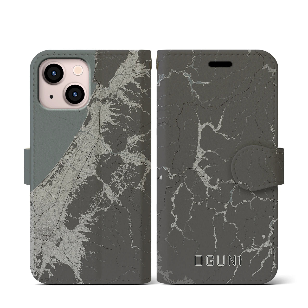 【小国(山形県)】地図柄iPhoneケース(手帳タイプ)モノトーン・iPhone 13 mini 用