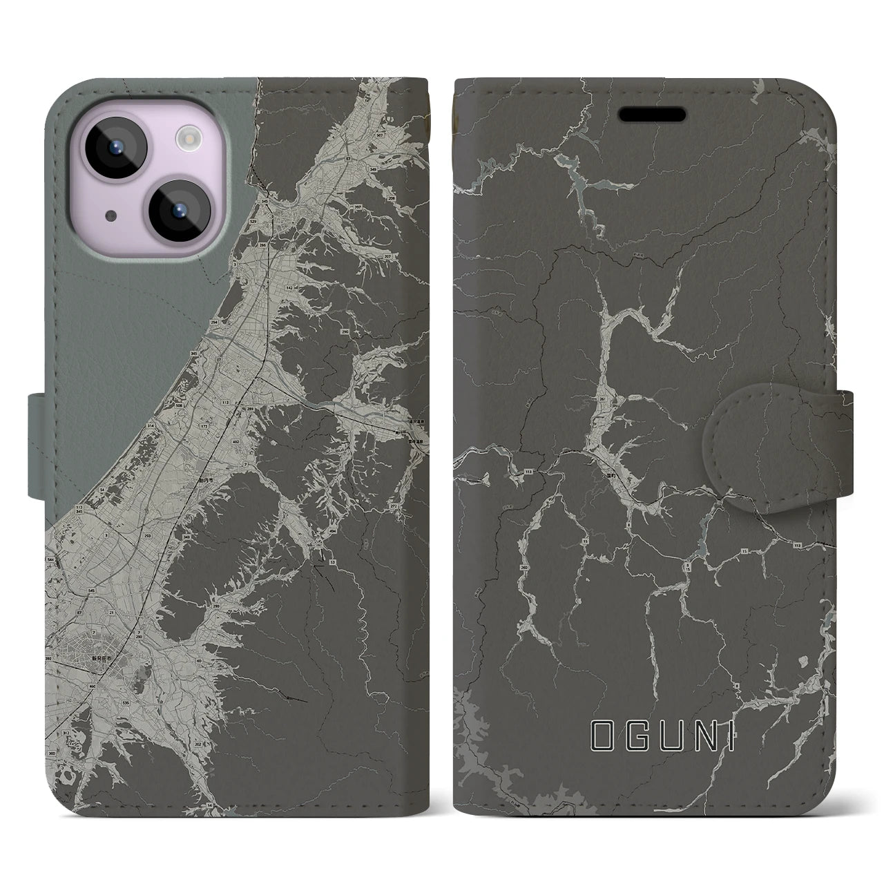 【小国(山形県)】地図柄iPhoneケース(手帳タイプ)モノトーン・iPhone 14 用