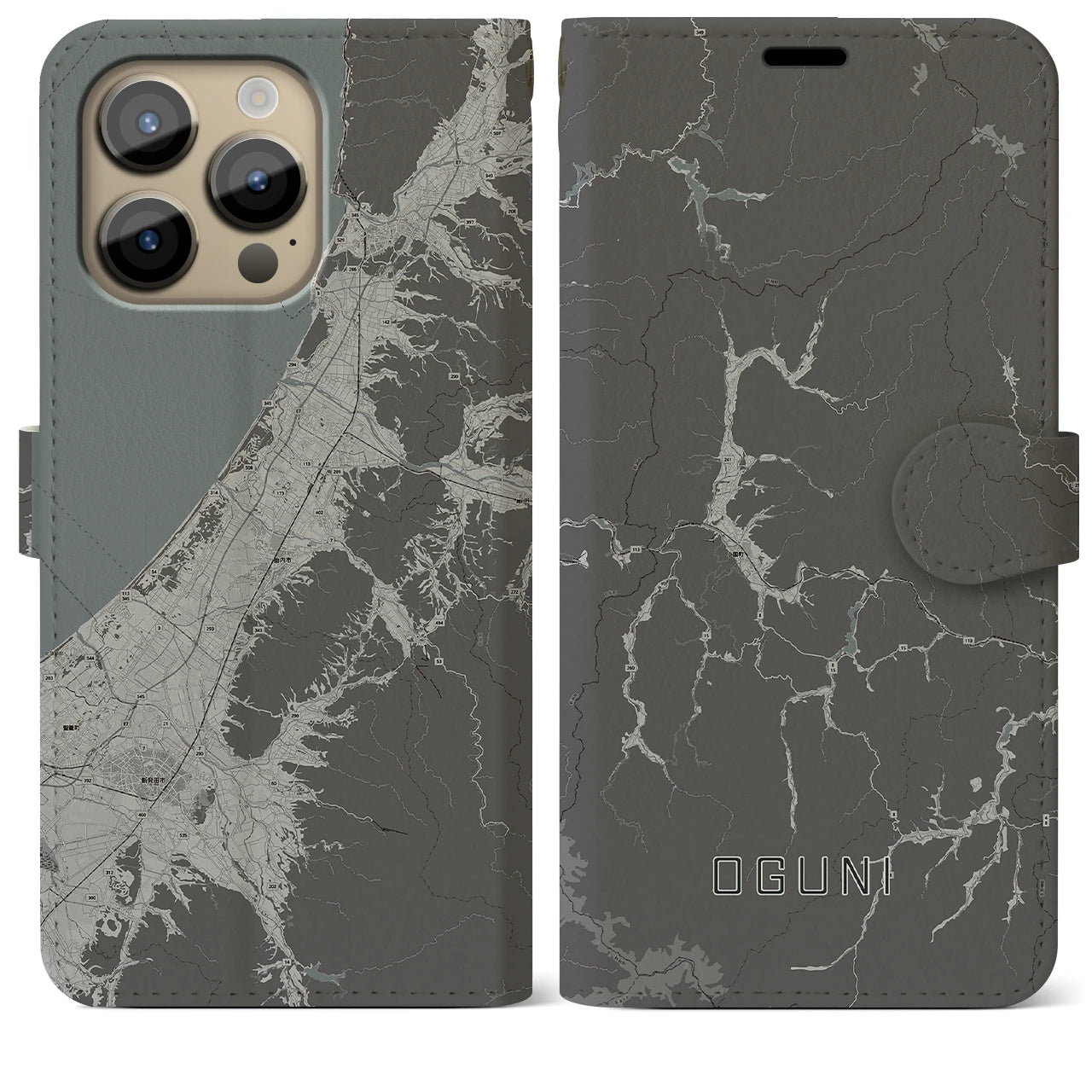 【小国(山形県)】地図柄iPhoneケース(手帳タイプ)モノトーン・iPhone 14 Pro Max 用