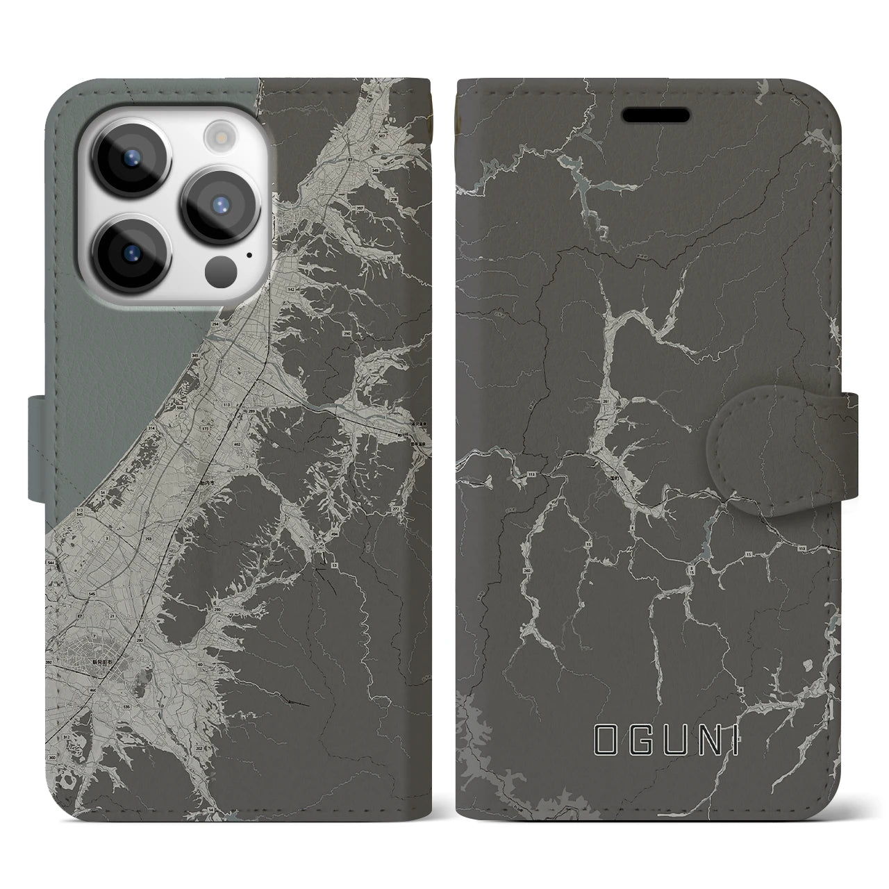 【小国(山形県)】地図柄iPhoneケース(手帳タイプ)モノトーン・iPhone 14 Pro 用