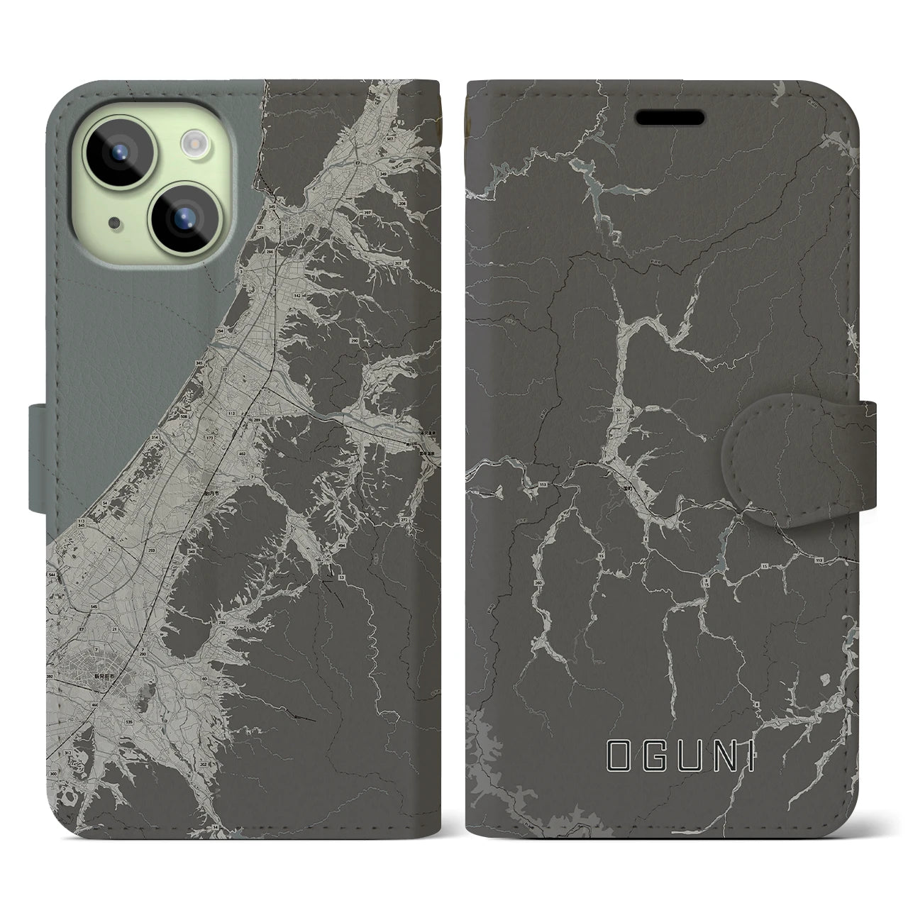 【小国(山形県)】地図柄iPhoneケース(手帳タイプ)モノトーン・iPhone 15 用