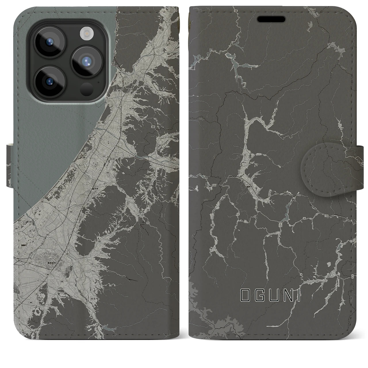 【小国(山形県)】地図柄iPhoneケース(手帳タイプ)モノトーン・iPhone 15 Pro Max 用