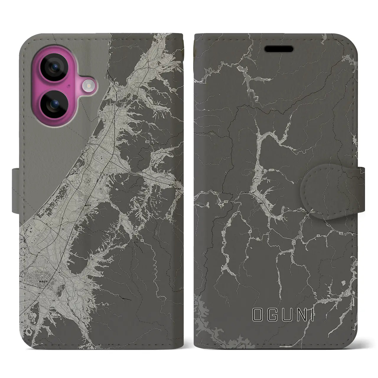 【小国(山形県)】地図柄iPhoneケース(手帳タイプ)モノトーン・iPhone 16 Pro 用