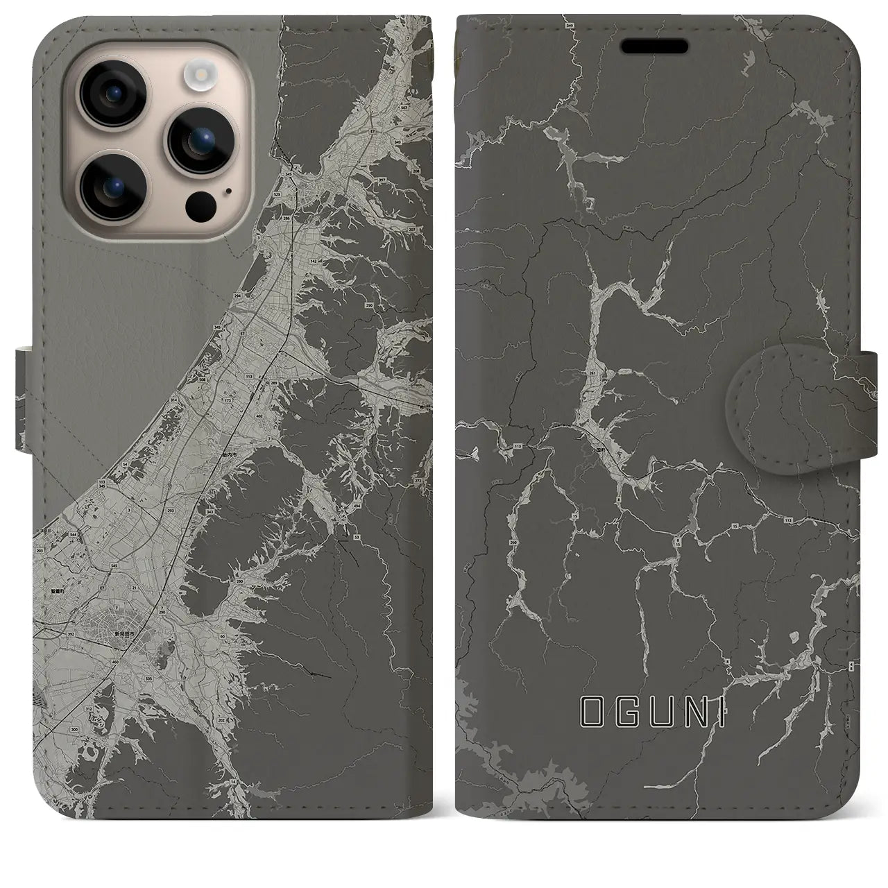 【小国(山形県)】地図柄iPhoneケース(手帳タイプ)モノトーン・iPhone 16 Plus 用