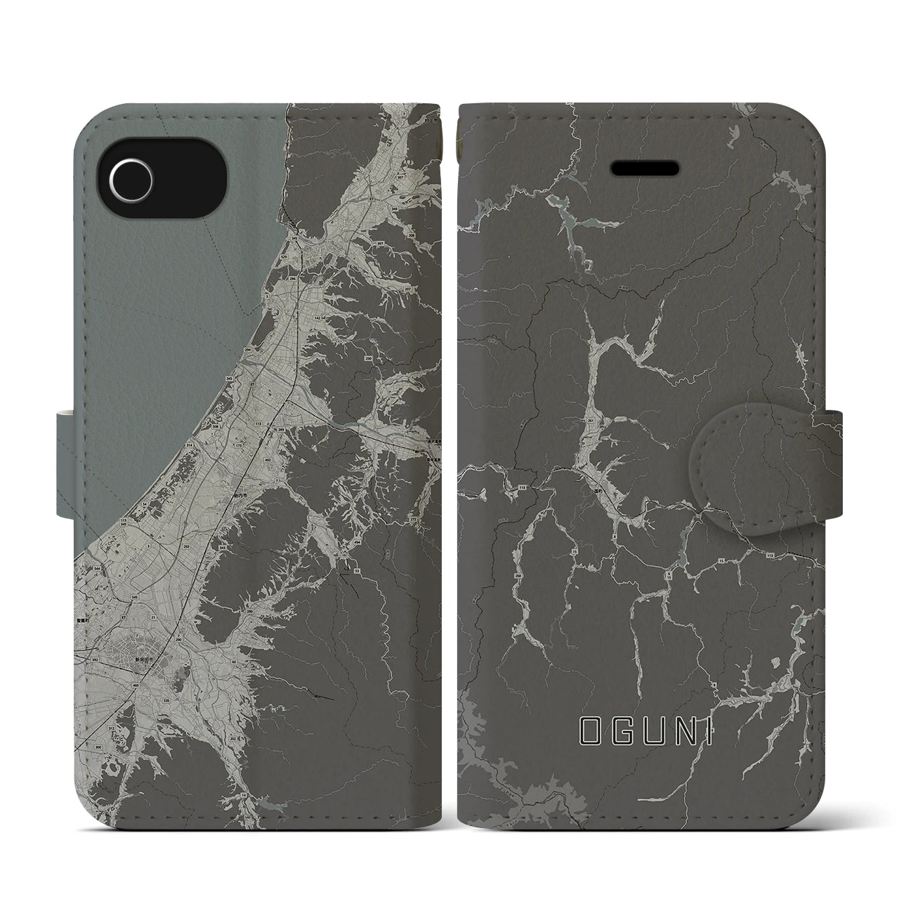 【小国(山形県)】地図柄iPhoneケース(手帳タイプ)モノトーン・iPhone SE(第3 / 第2世代) / 8 / 7 / 6s / 6 用