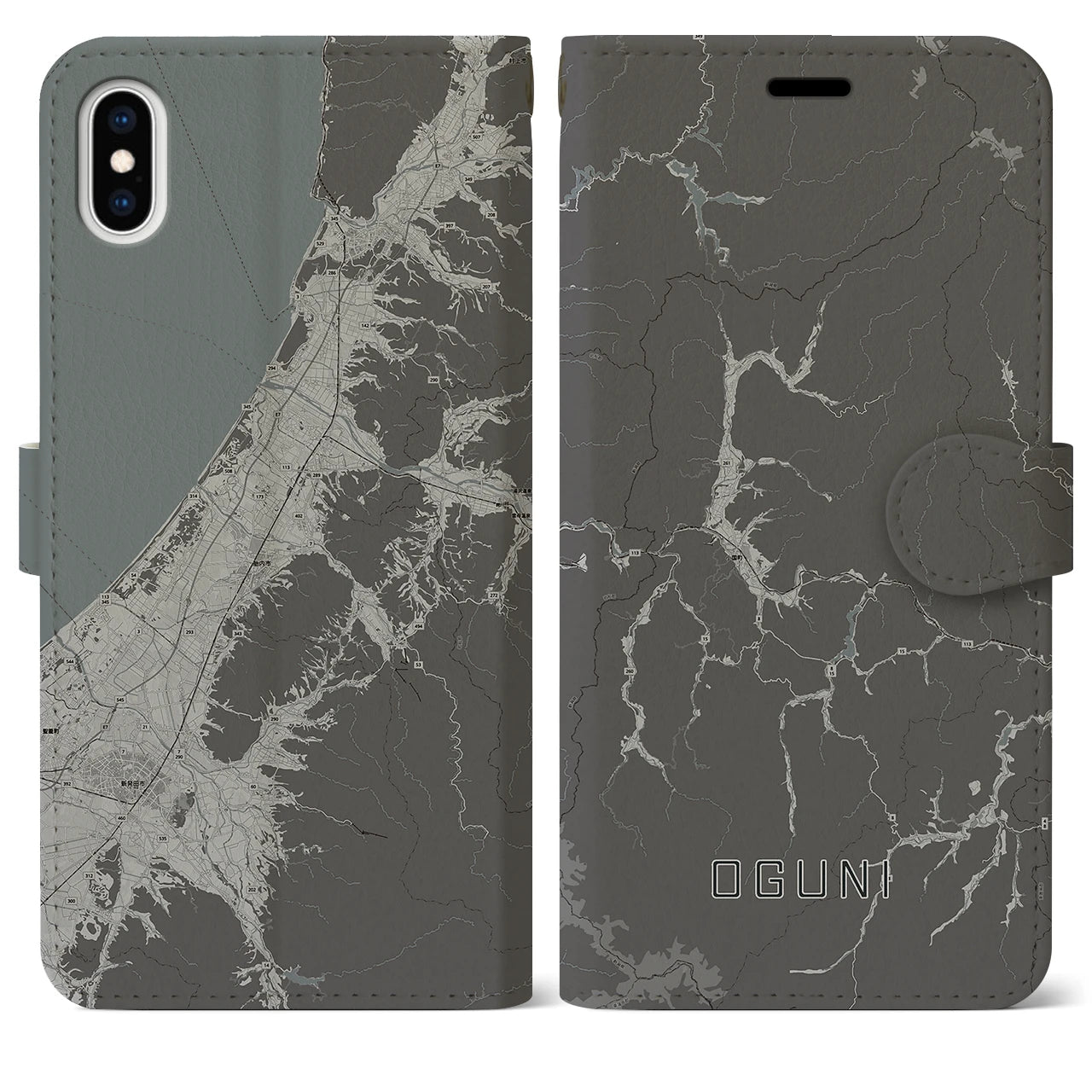 【小国(山形県)】地図柄iPhoneケース(手帳タイプ)モノトーン・iPhone XS Max 用
