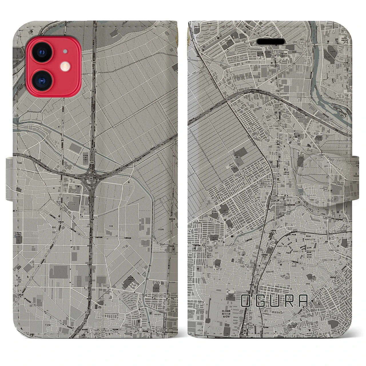 【小倉(京都府)】地図柄iPhoneケース(手帳タイプ)モノトーン・iPhone 11 用