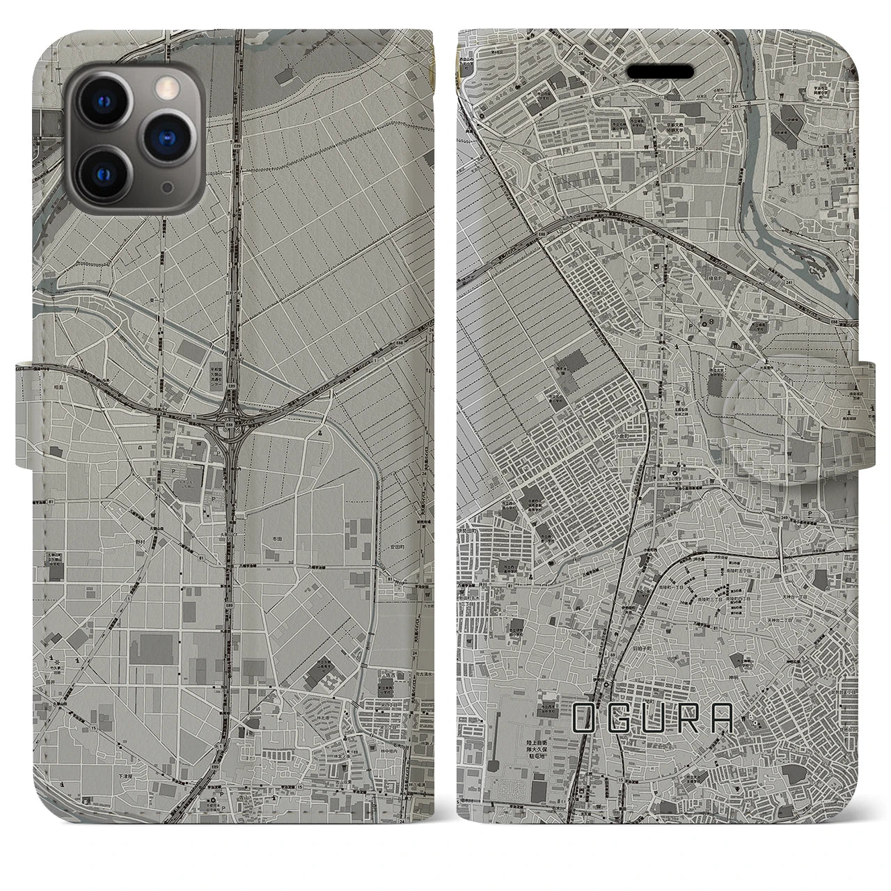 【小倉(京都府)】地図柄iPhoneケース(手帳タイプ)モノトーン・iPhone 11 Pro Max 用