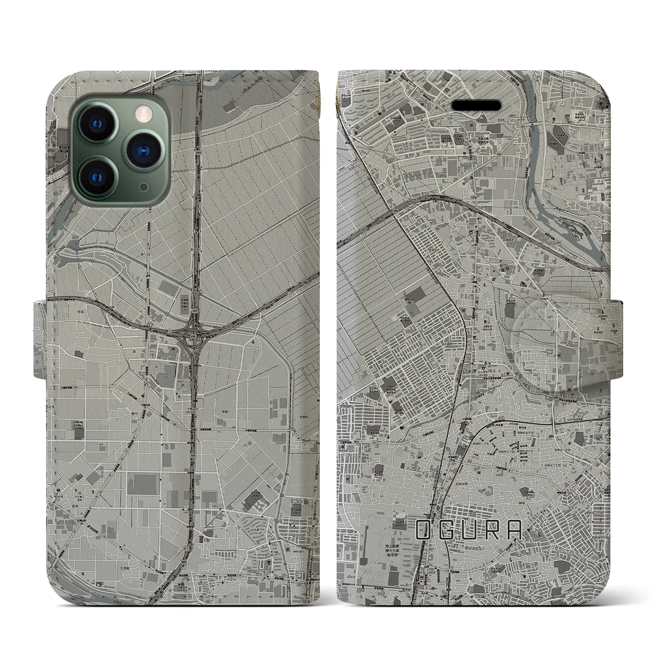 【小倉(京都府)】地図柄iPhoneケース(手帳タイプ)モノトーン・iPhone 11 Pro 用