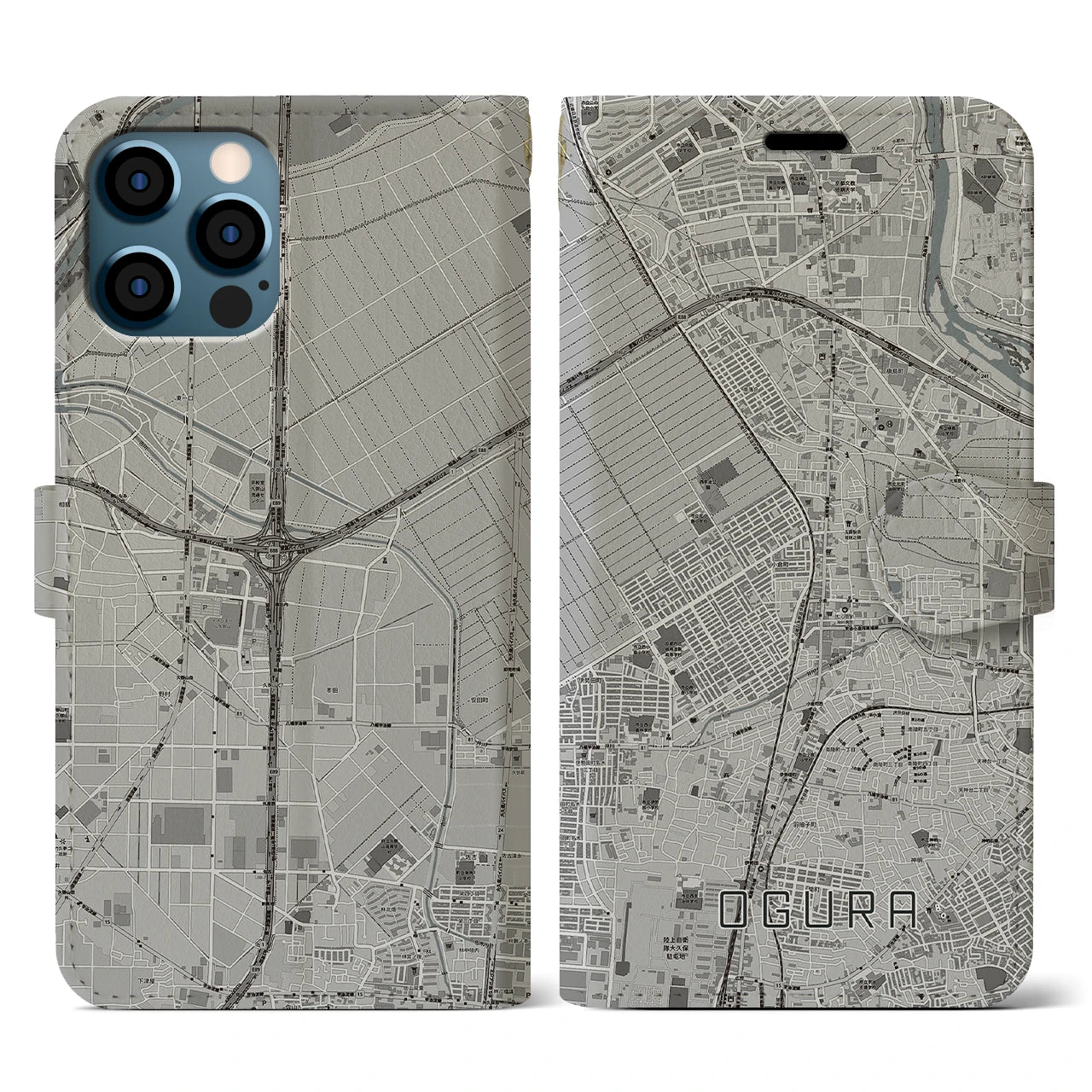 【小倉(京都府)】地図柄iPhoneケース(手帳タイプ)モノトーン・iPhone 12 / 12 Pro 用