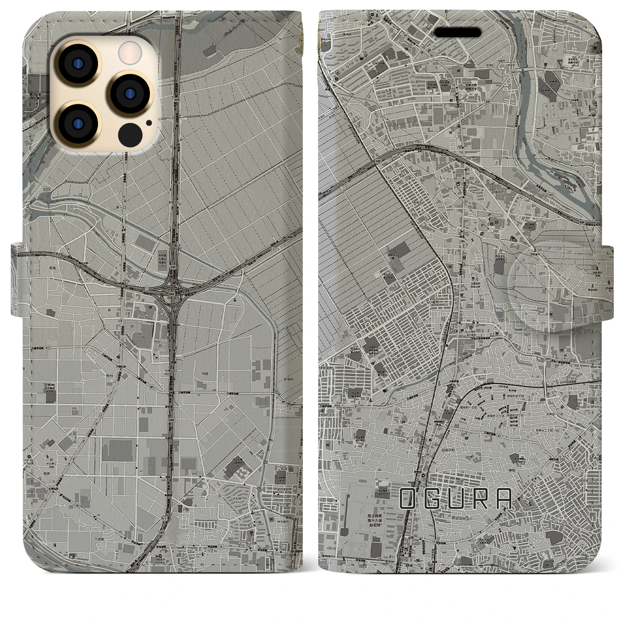 【小倉(京都府)】地図柄iPhoneケース(手帳タイプ)モノトーン・iPhone 12 Pro Max 用