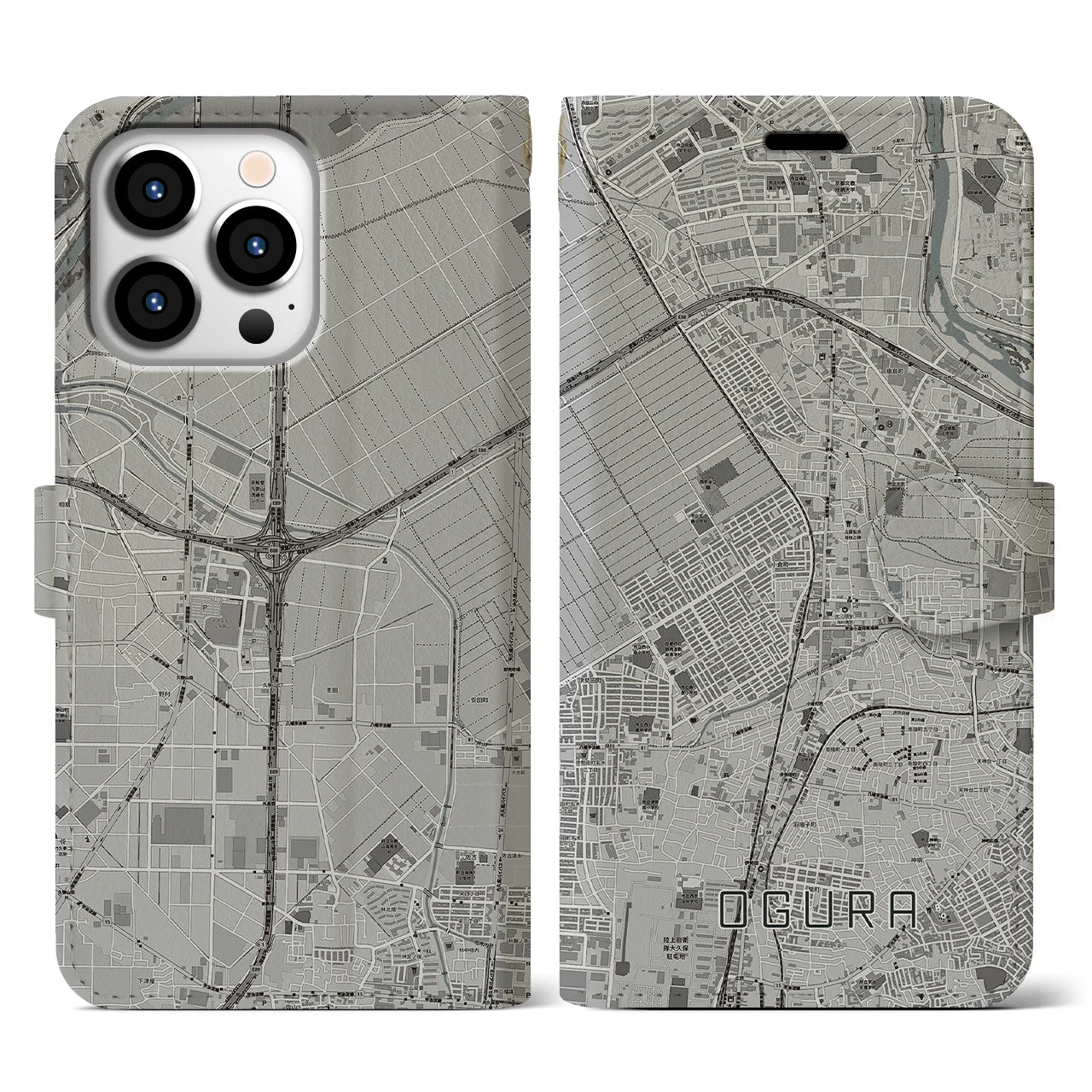 【小倉(京都府)】地図柄iPhoneケース(手帳タイプ)モノトーン・iPhone 13 Pro 用