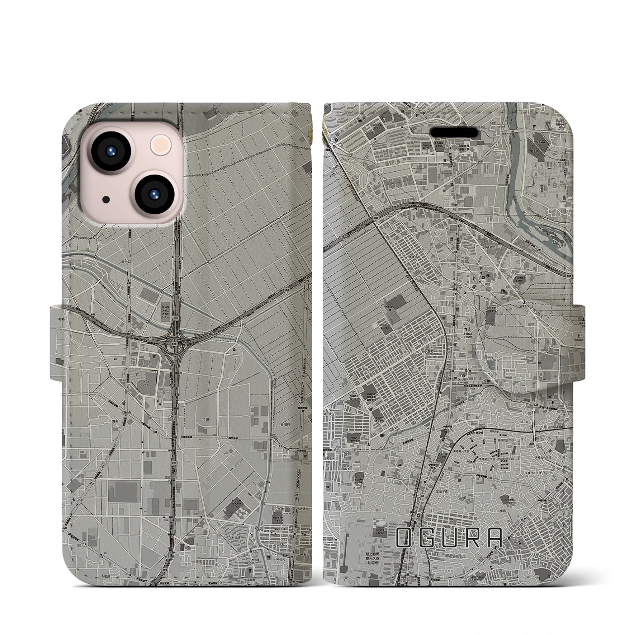 【小倉(京都府)】地図柄iPhoneケース(手帳タイプ)モノトーン・iPhone 13 mini 用