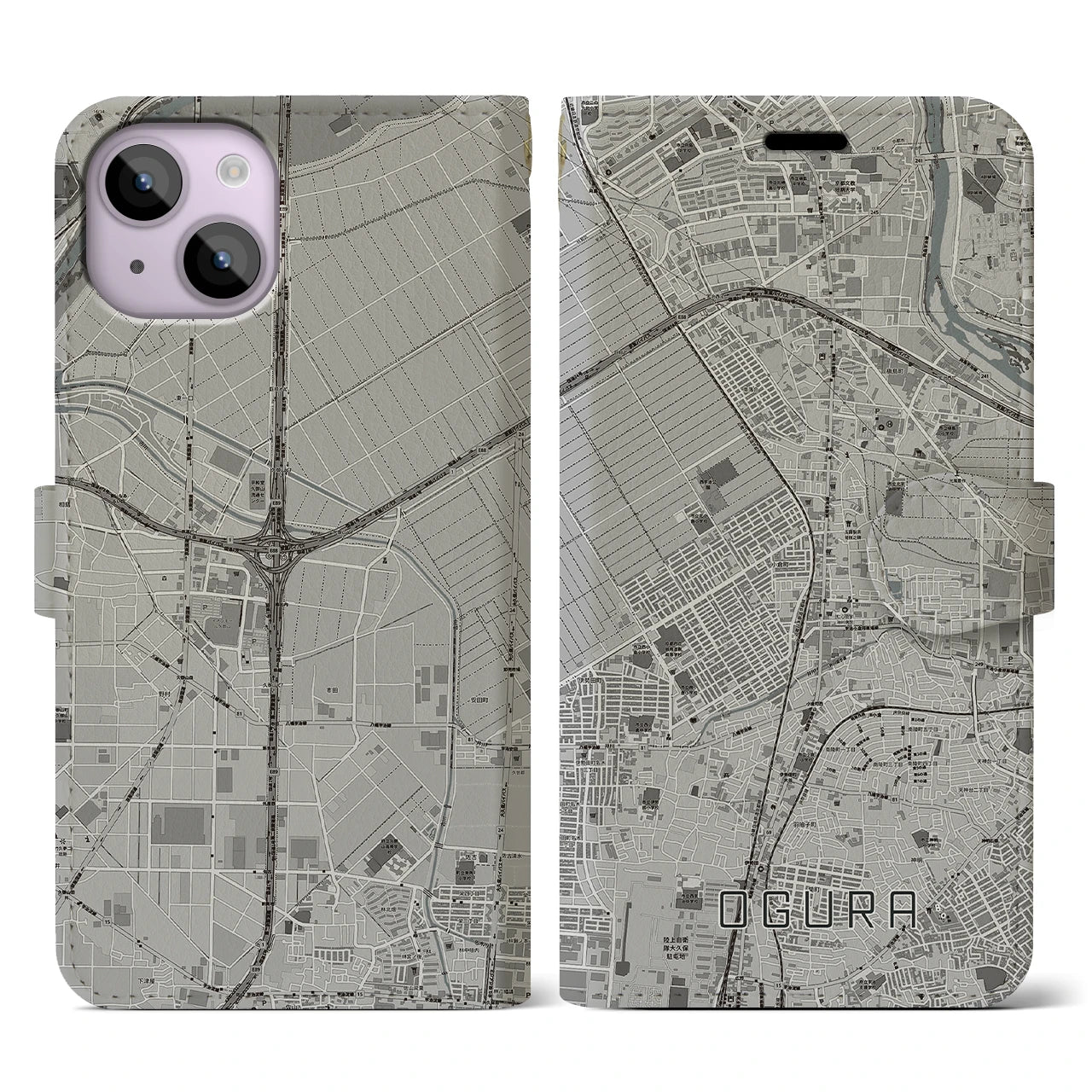 【小倉(京都府)】地図柄iPhoneケース(手帳タイプ)モノトーン・iPhone 14 用