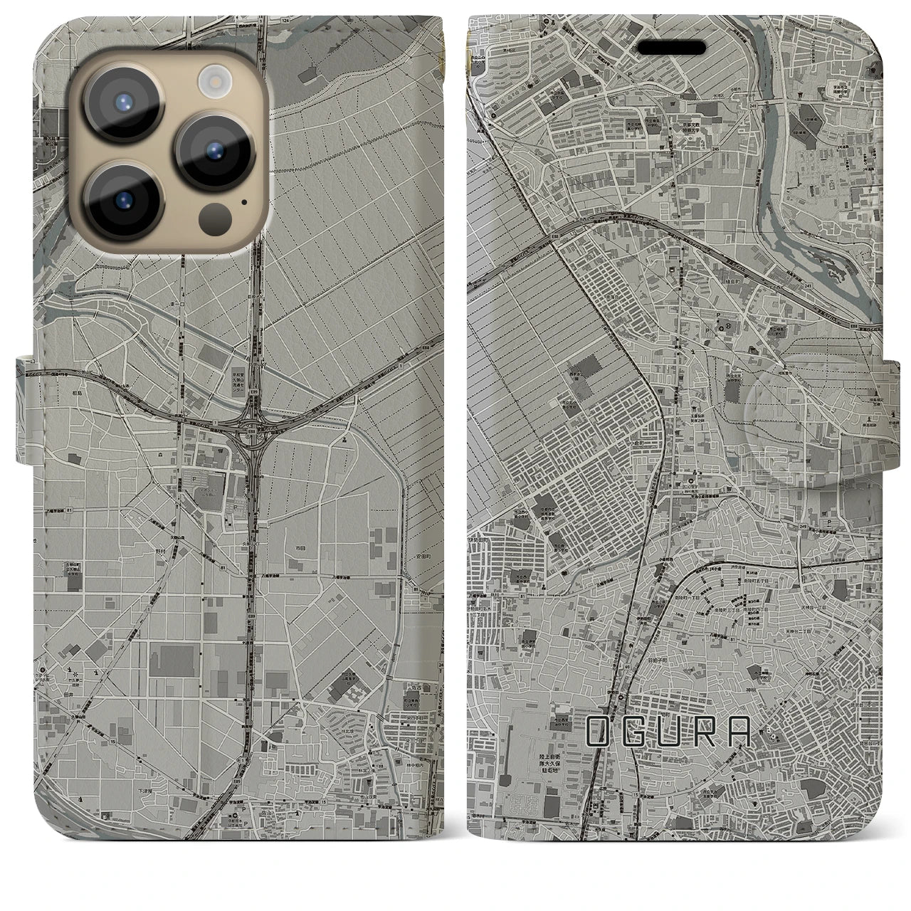 【小倉(京都府)】地図柄iPhoneケース(手帳タイプ)モノトーン・iPhone 14 Pro Max 用