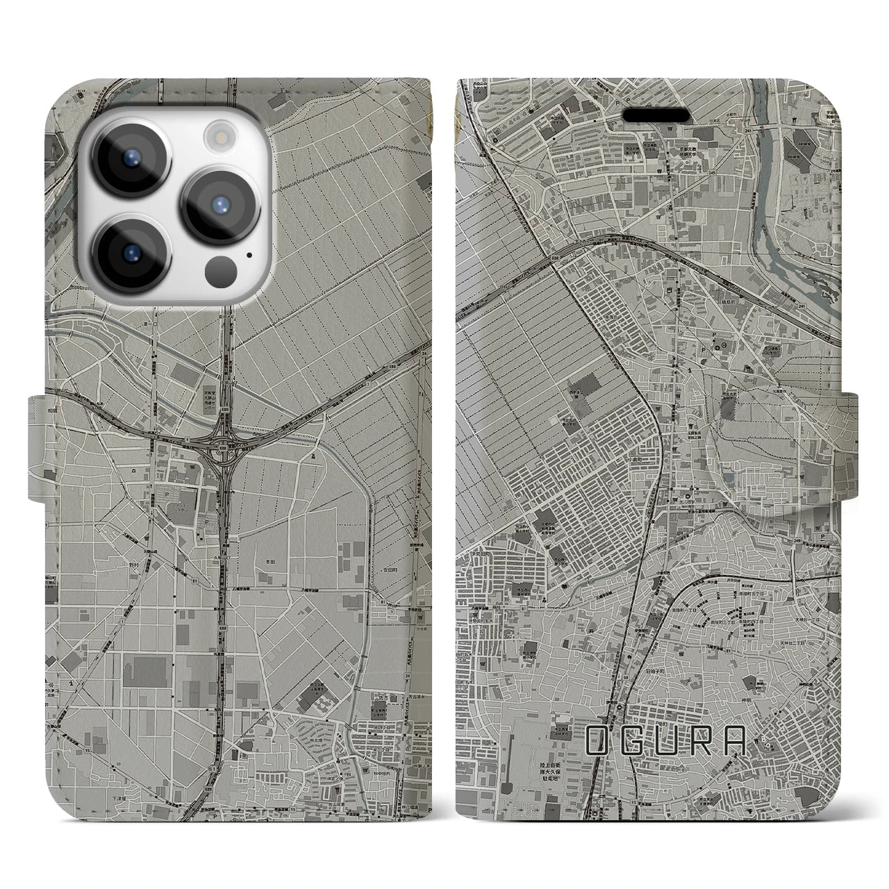 【小倉(京都府)】地図柄iPhoneケース(手帳タイプ)モノトーン・iPhone 14 Pro 用