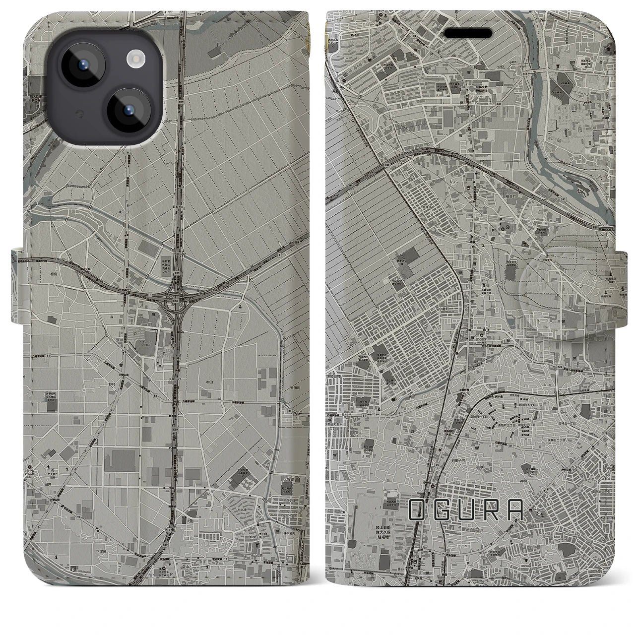 【小倉(京都府)】地図柄iPhoneケース(手帳タイプ)モノトーン・iPhone 14 Plus 用