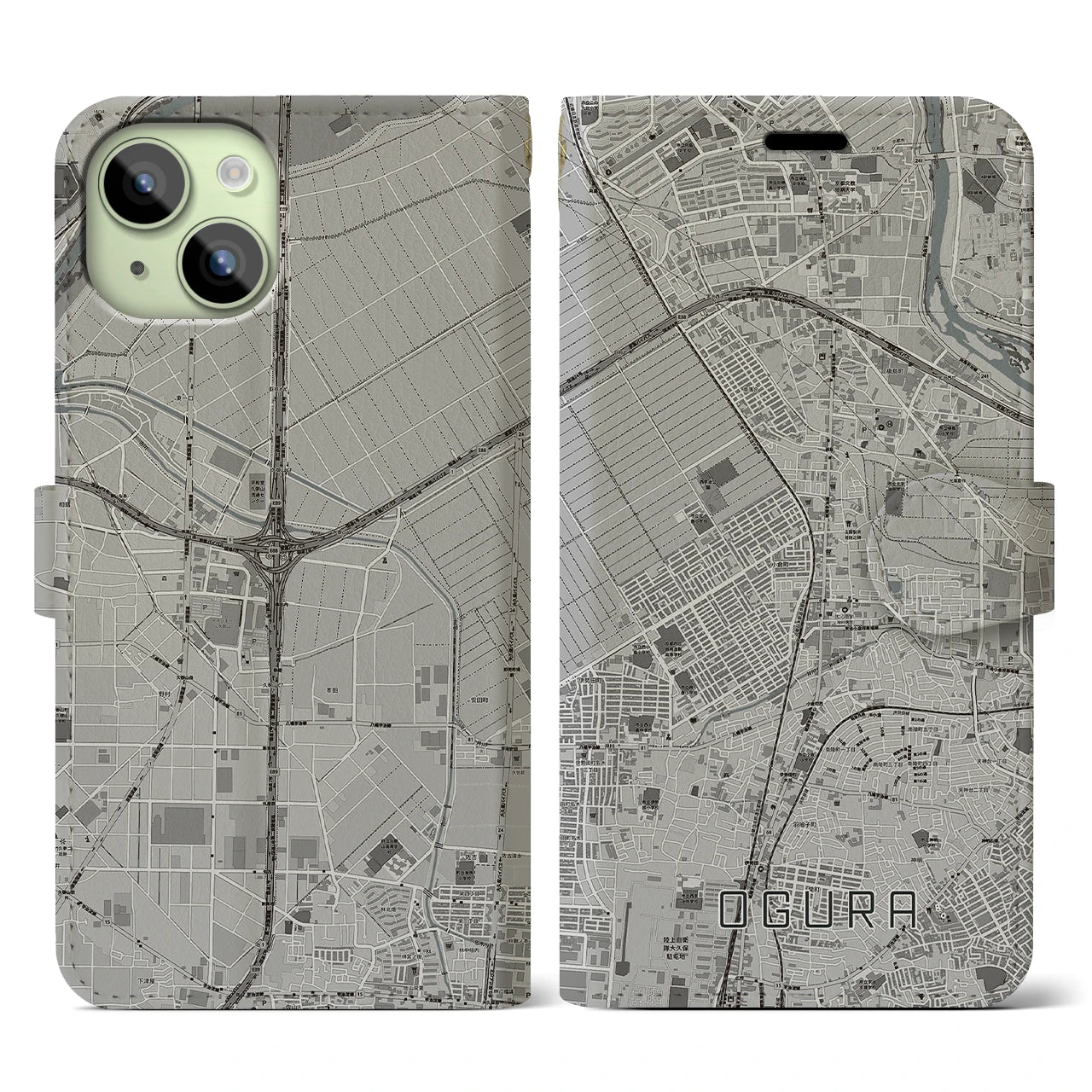【小倉(京都府)】地図柄iPhoneケース(手帳タイプ)モノトーン・iPhone 15 用