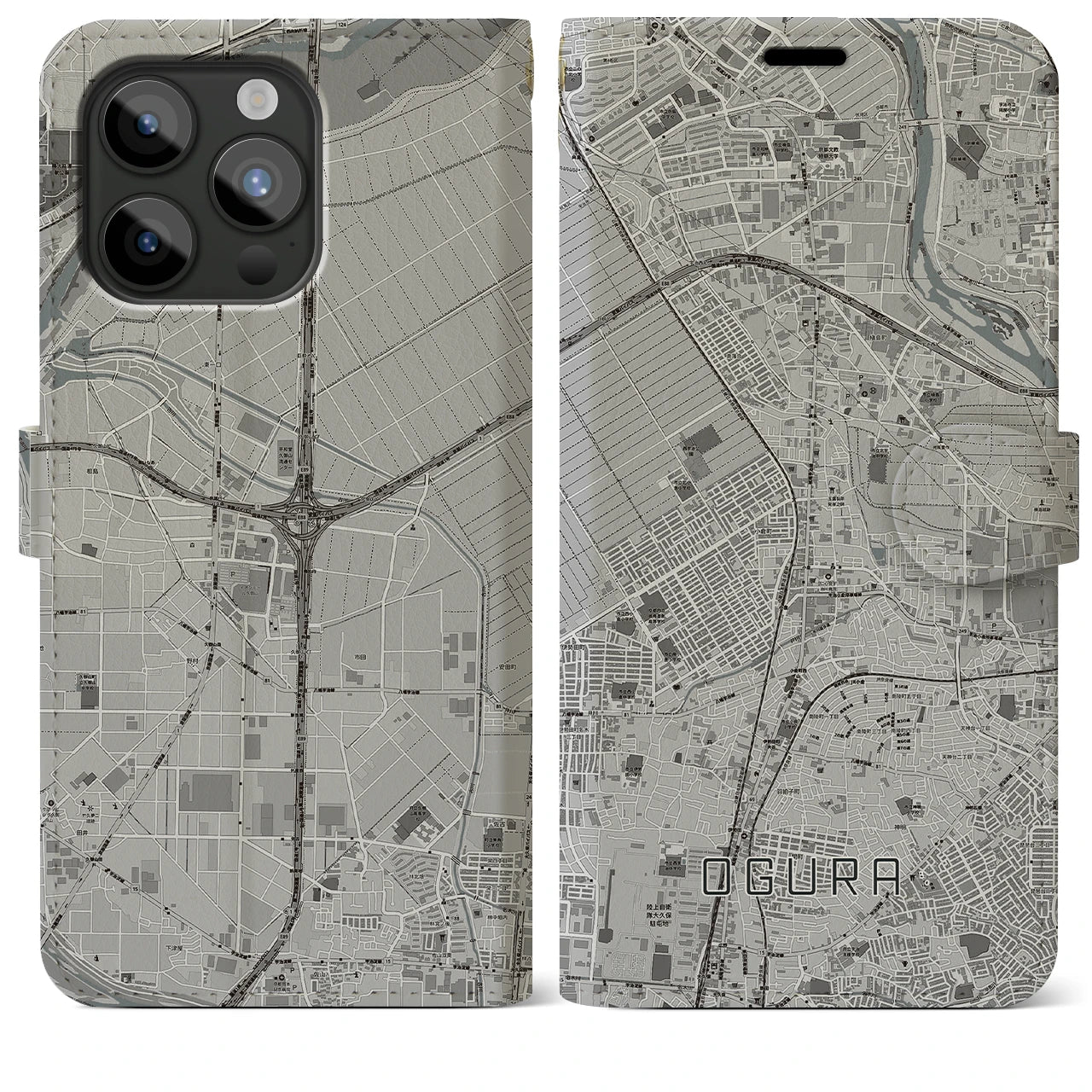【小倉(京都府)】地図柄iPhoneケース(手帳タイプ)モノトーン・iPhone 15 Pro Max 用