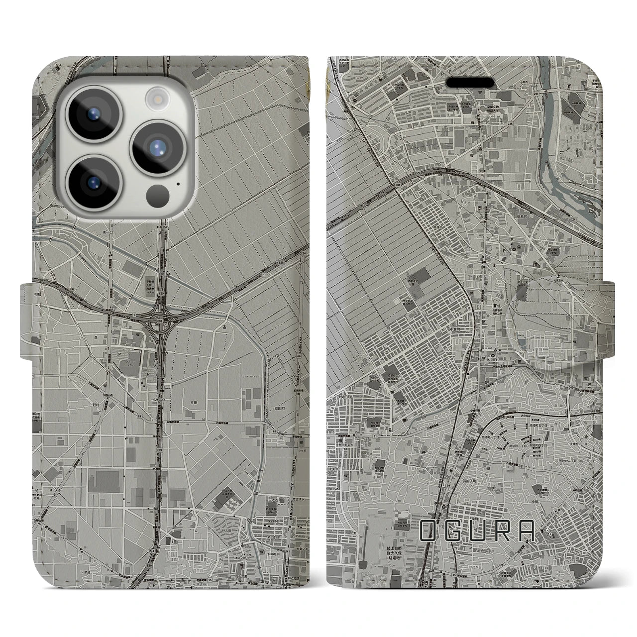【小倉(京都府)】地図柄iPhoneケース(手帳タイプ)モノトーン・iPhone 15 Pro 用