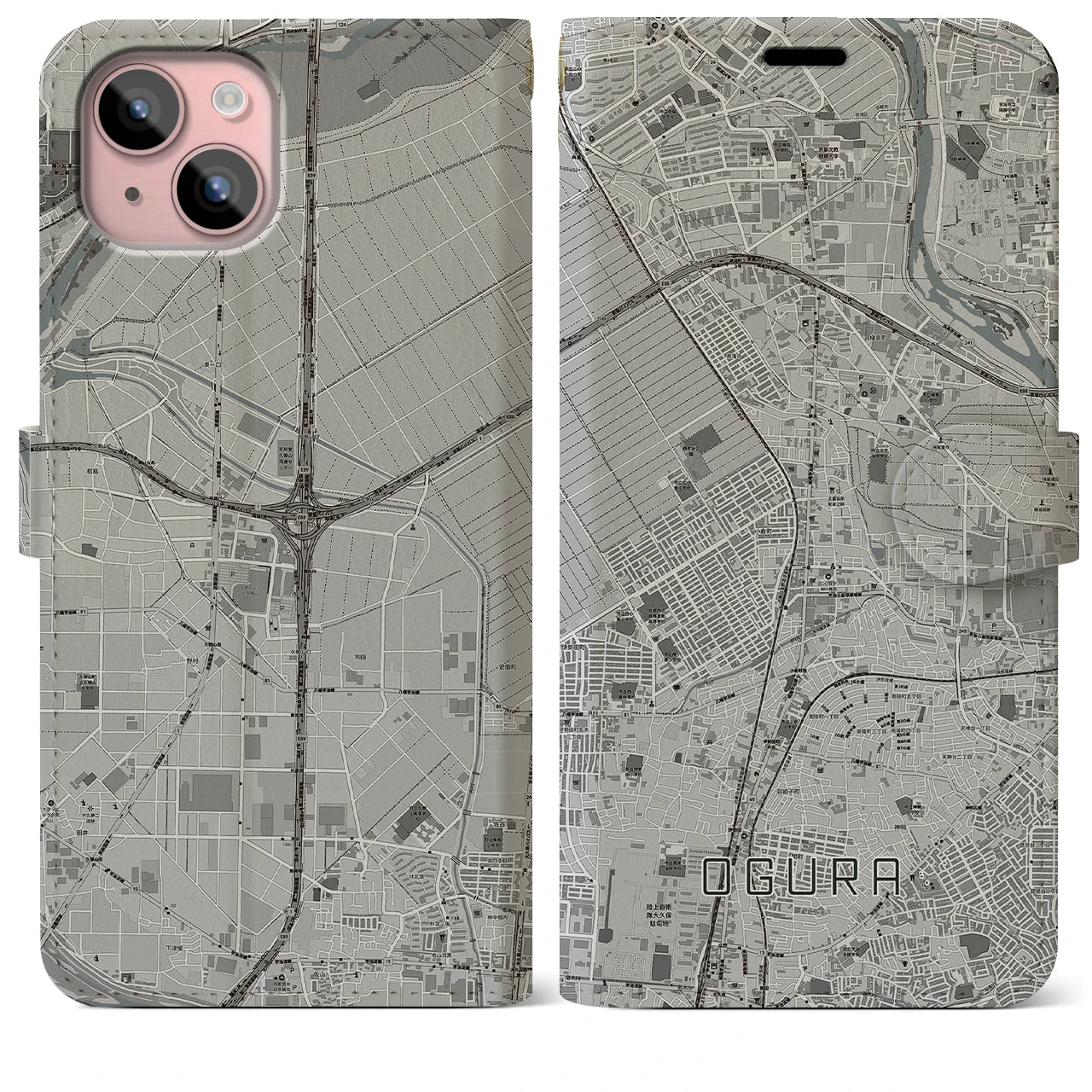 【小倉(京都府)】地図柄iPhoneケース(手帳タイプ)モノトーン・iPhone 15 Plus 用