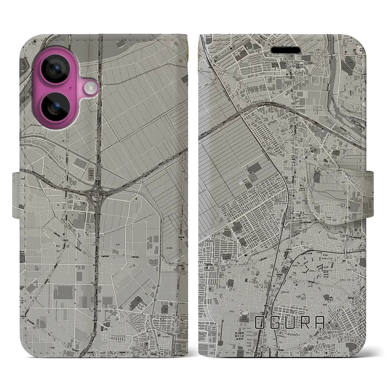 【小倉(京都府)】地図柄iPhoneケース(手帳タイプ)モノトーン・iPhone 16 Pro 用