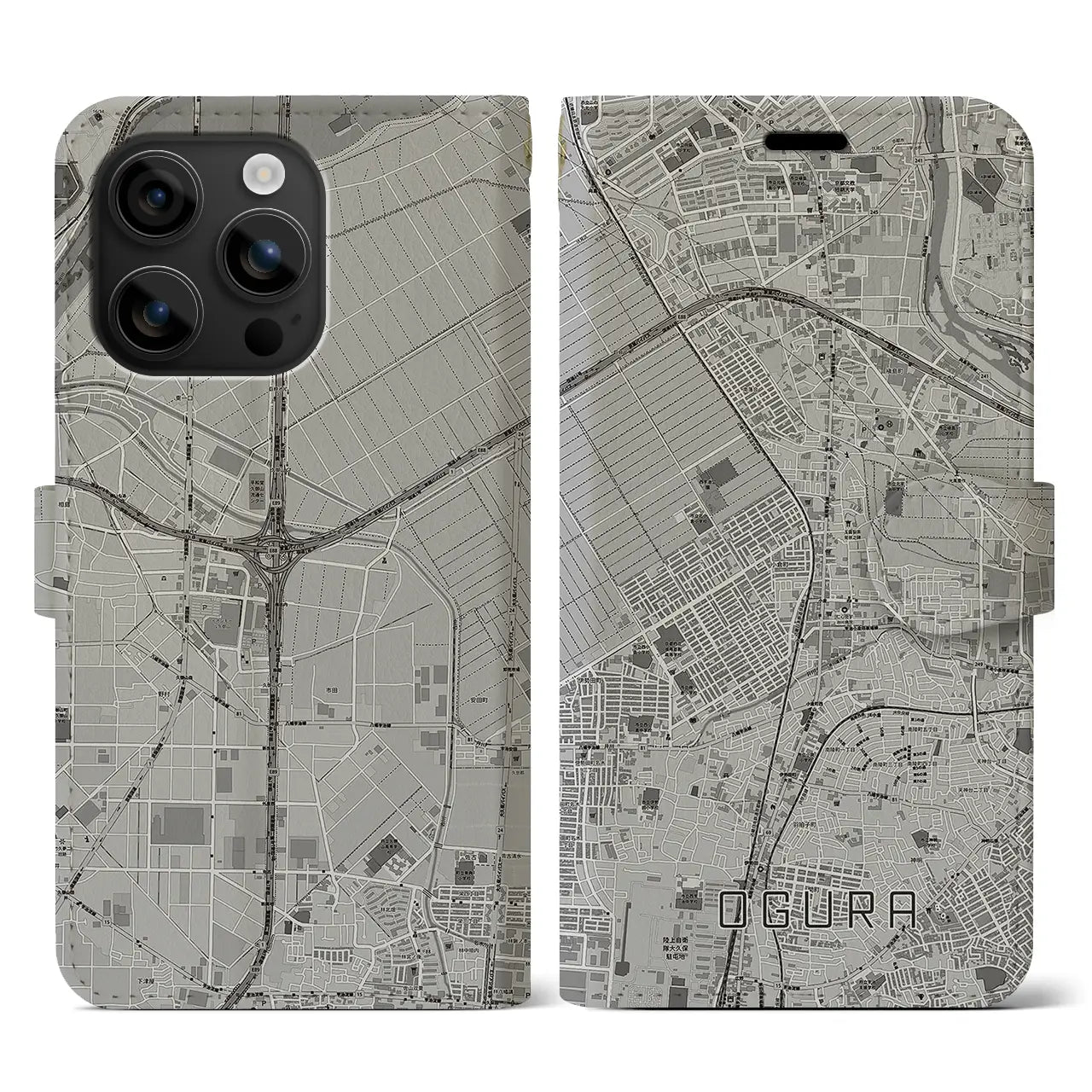 【小倉(京都府)】地図柄iPhoneケース(手帳タイプ)モノトーン・iPhone 16 用